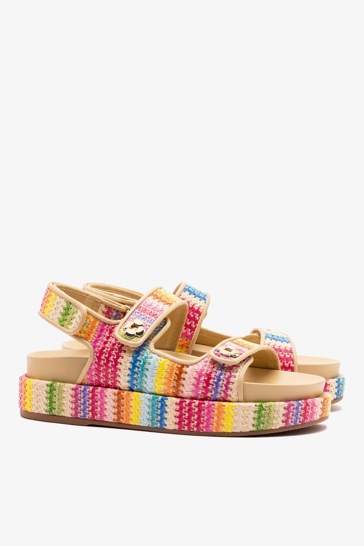 Larroude Jetty Sandal In Rainbow Raffia and Beige Leather