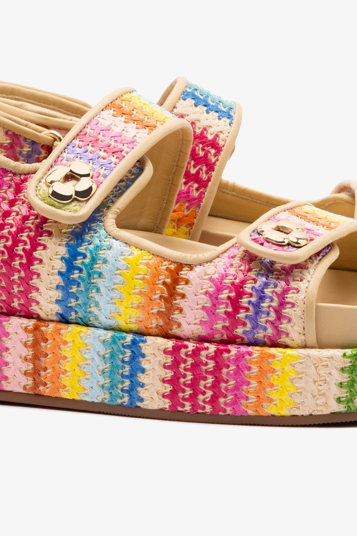 Larroude Jetty Sandal In Rainbow Raffia and Beige Leather