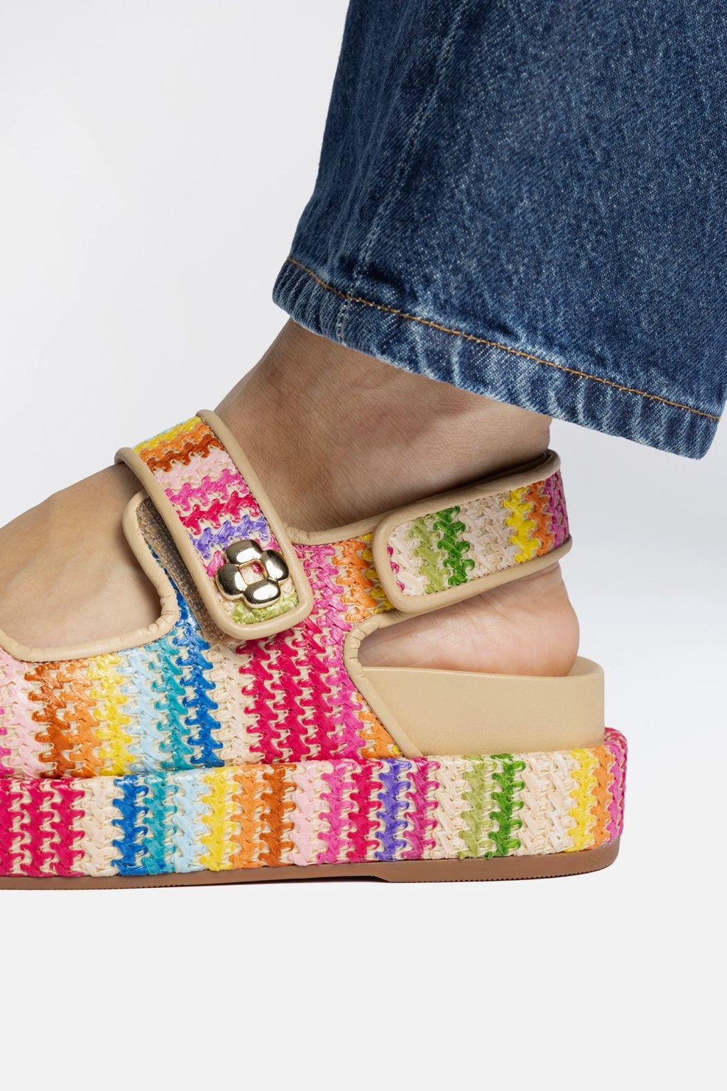 Larroude Jetty Sandal In Rainbow Raffia and Beige Leather