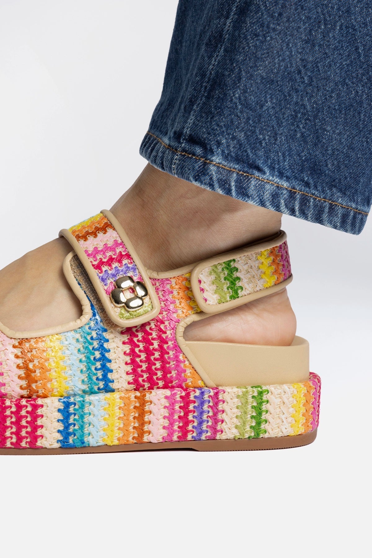 Larroude Jetty Sandal In Rainbow Raffia and Beige Leather