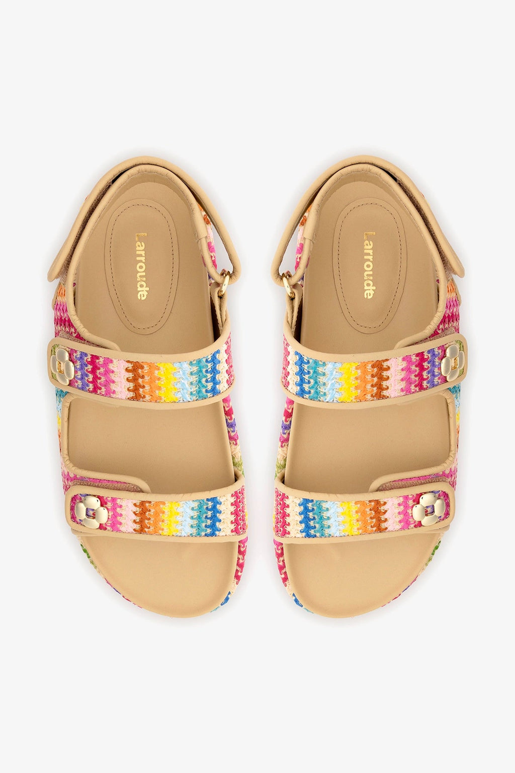 Larroude Jetty Sandal In Rainbow Raffia and Beige Leather