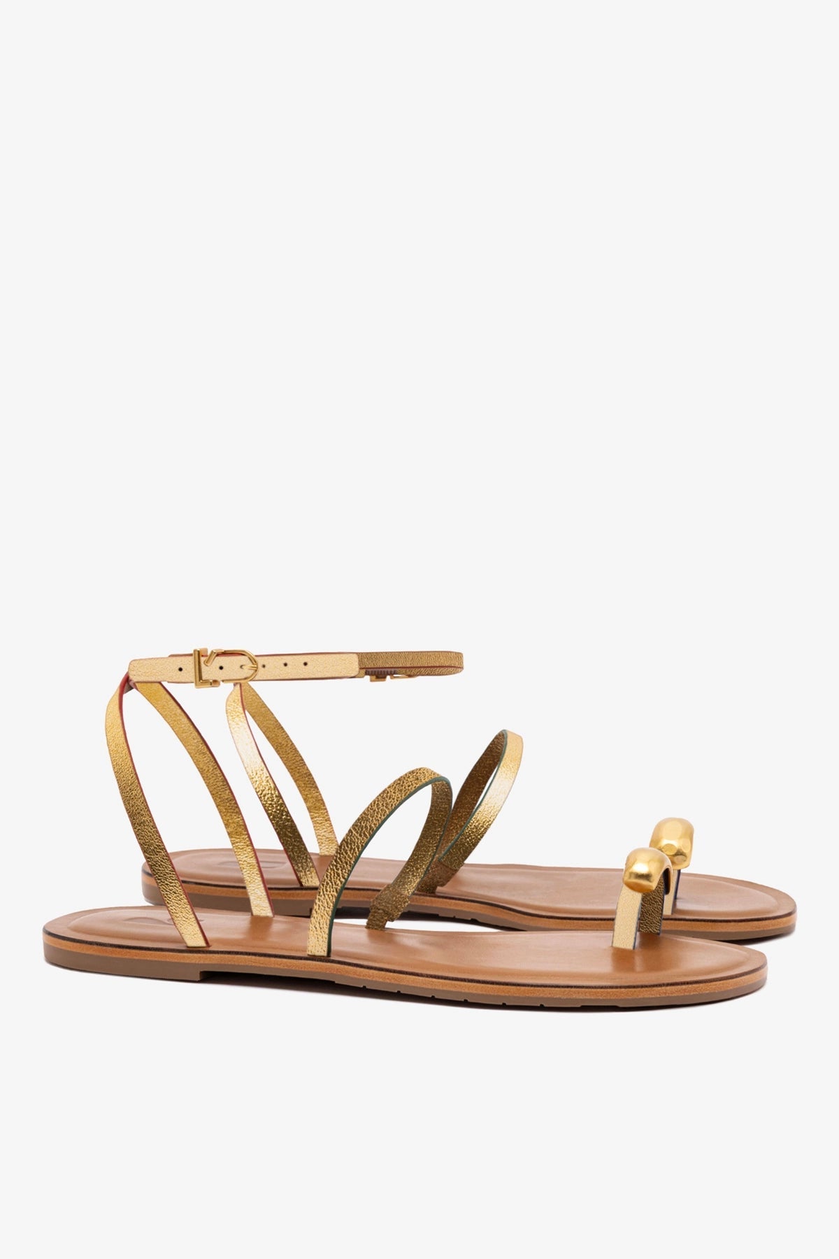 Larroude Biarritz Flat Sandal In Gold Metallic Leather
