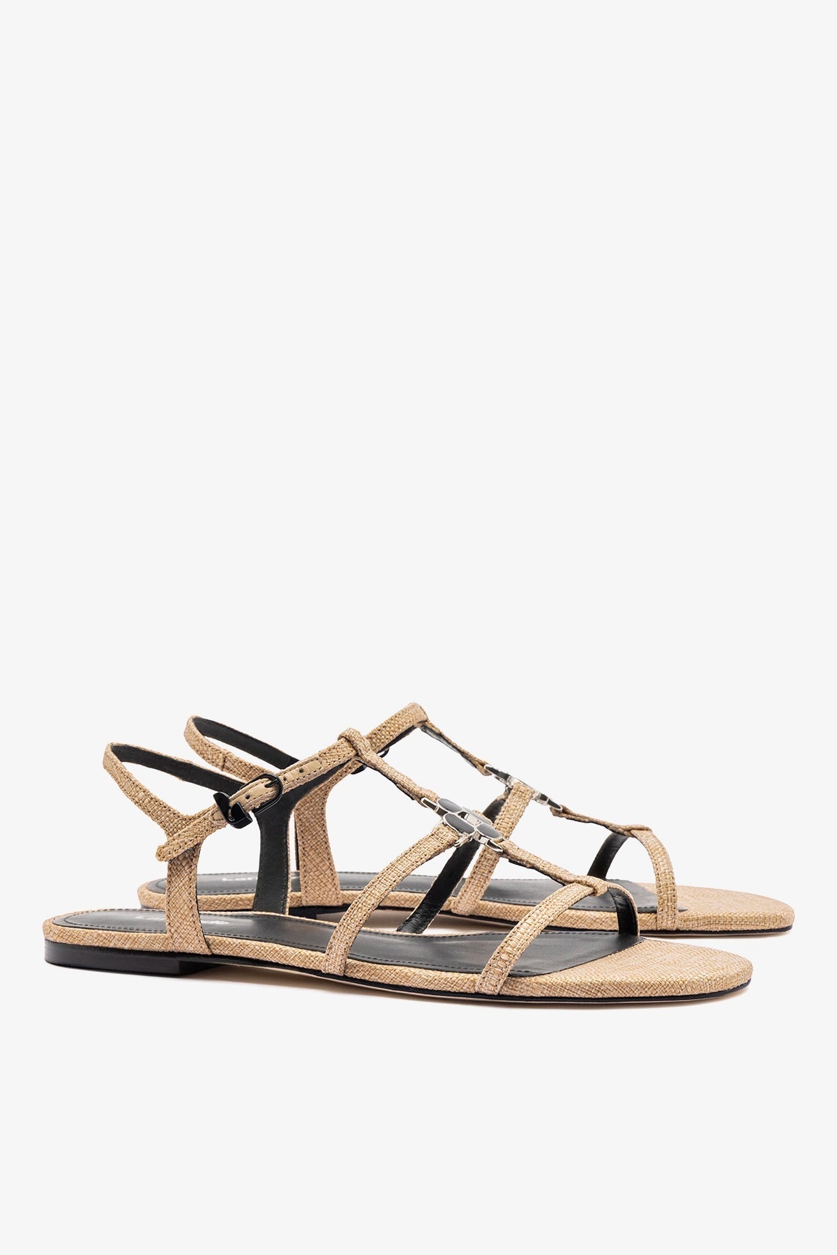 Larroude Hana Flat Sandal Beige Raffia
