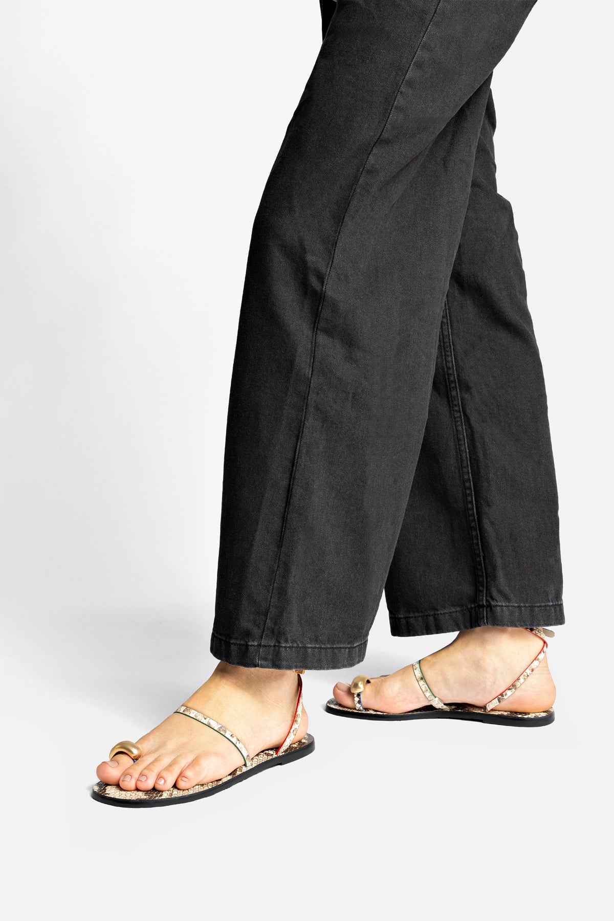 Larroude Biarritz Flat Sandal In Neutral Snake Leather