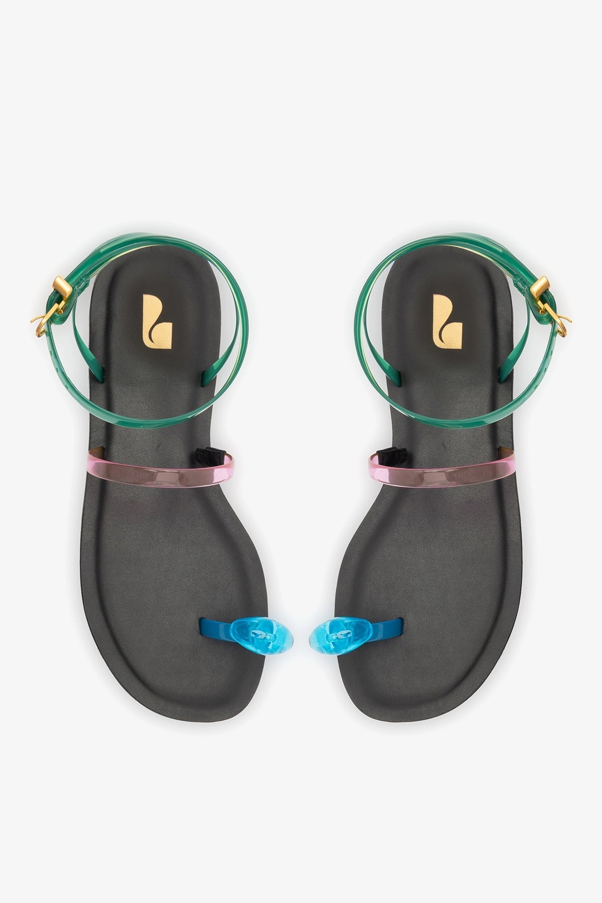 Larroude Biarritz Jelly Flat Sandal In Pink, Blue and Green Vinyl