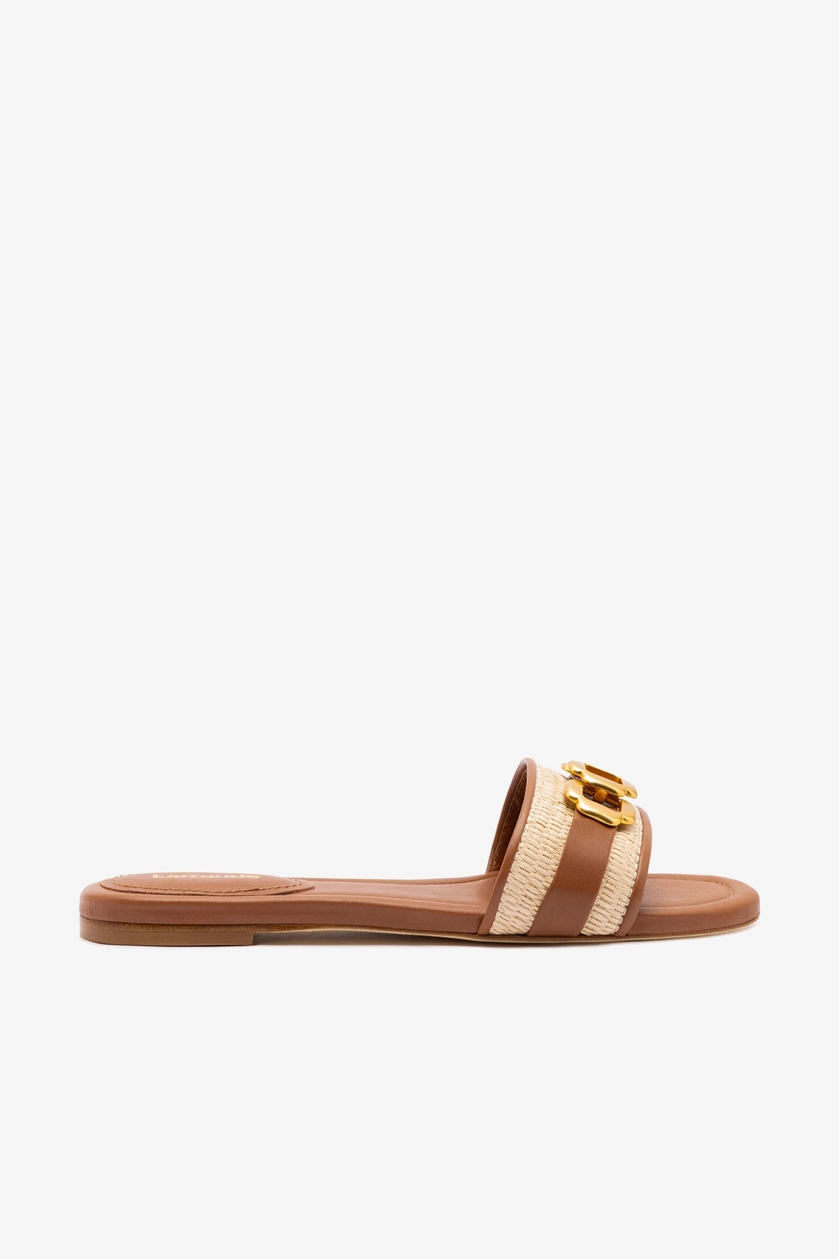 Larroude Franca Flat In Natural Raffia And Caramel Leather