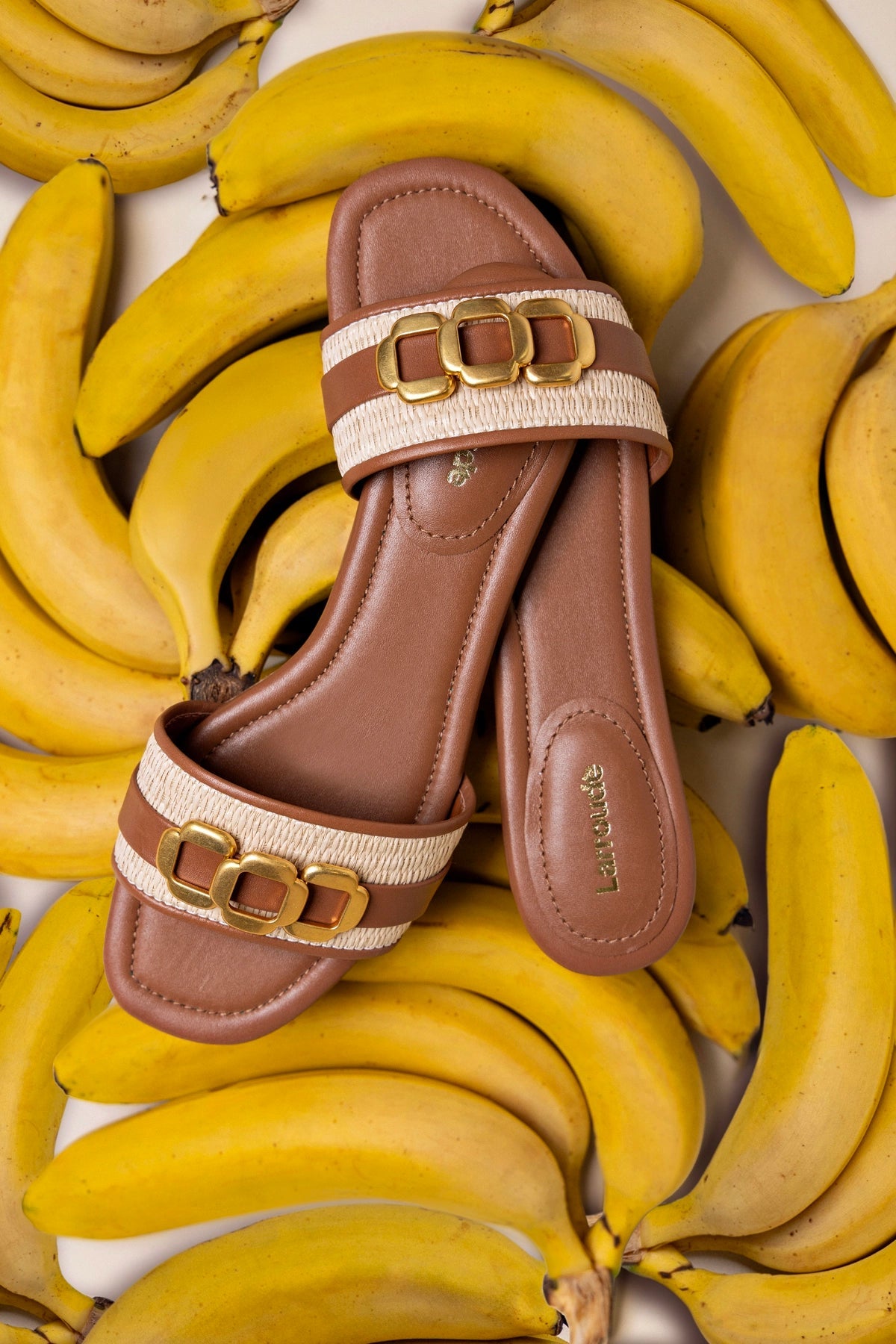 Larroude Franca Flat In Natural Raffia And Caramel Leather