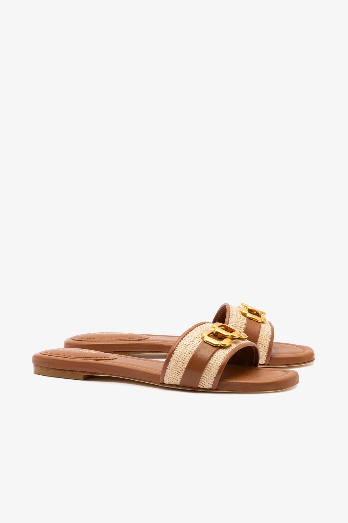 Larroude Franca Flat In Natural Raffia And Caramel Leather