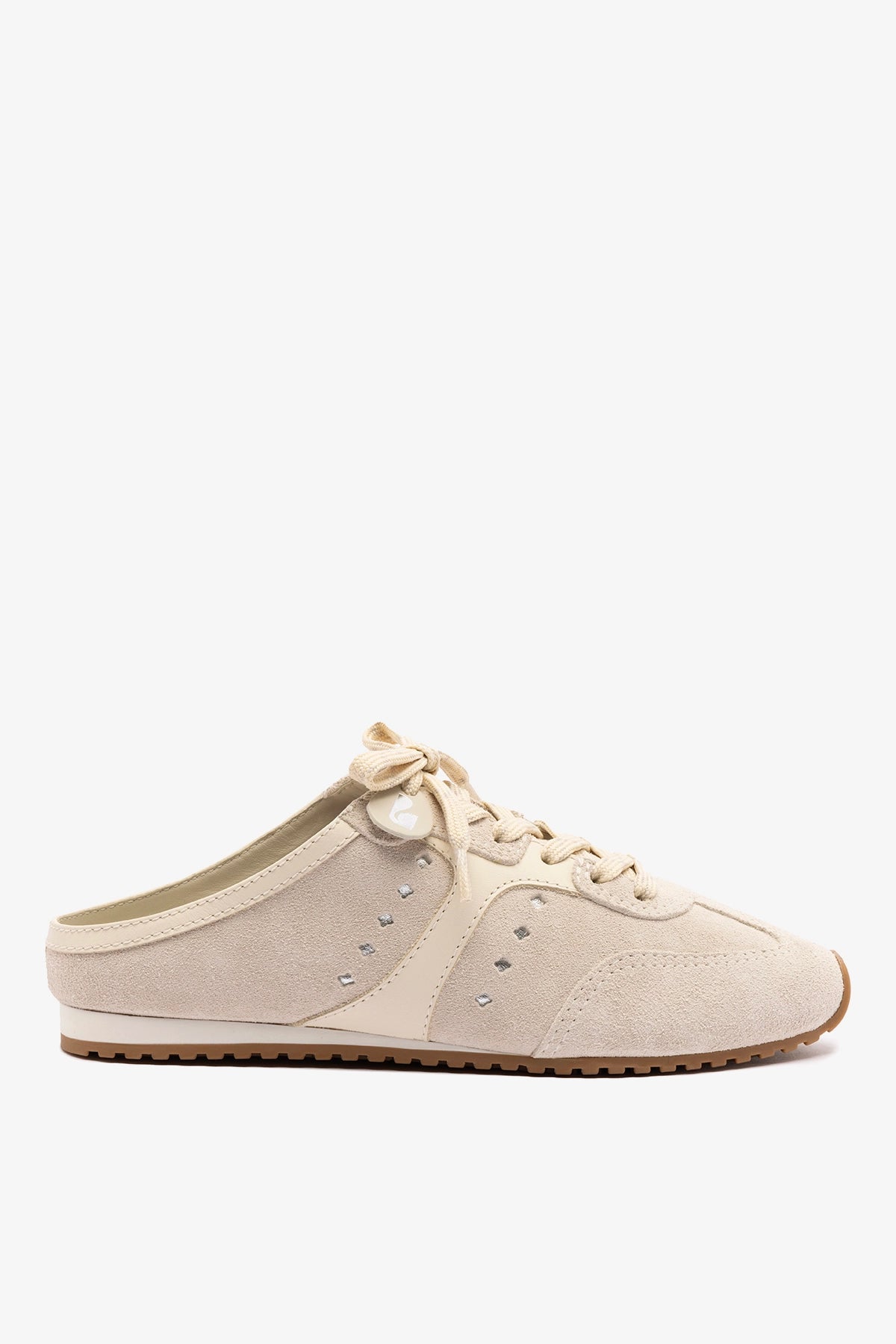Larroude Stella Mule In Mushroom Grey Suede and Ivory Leather