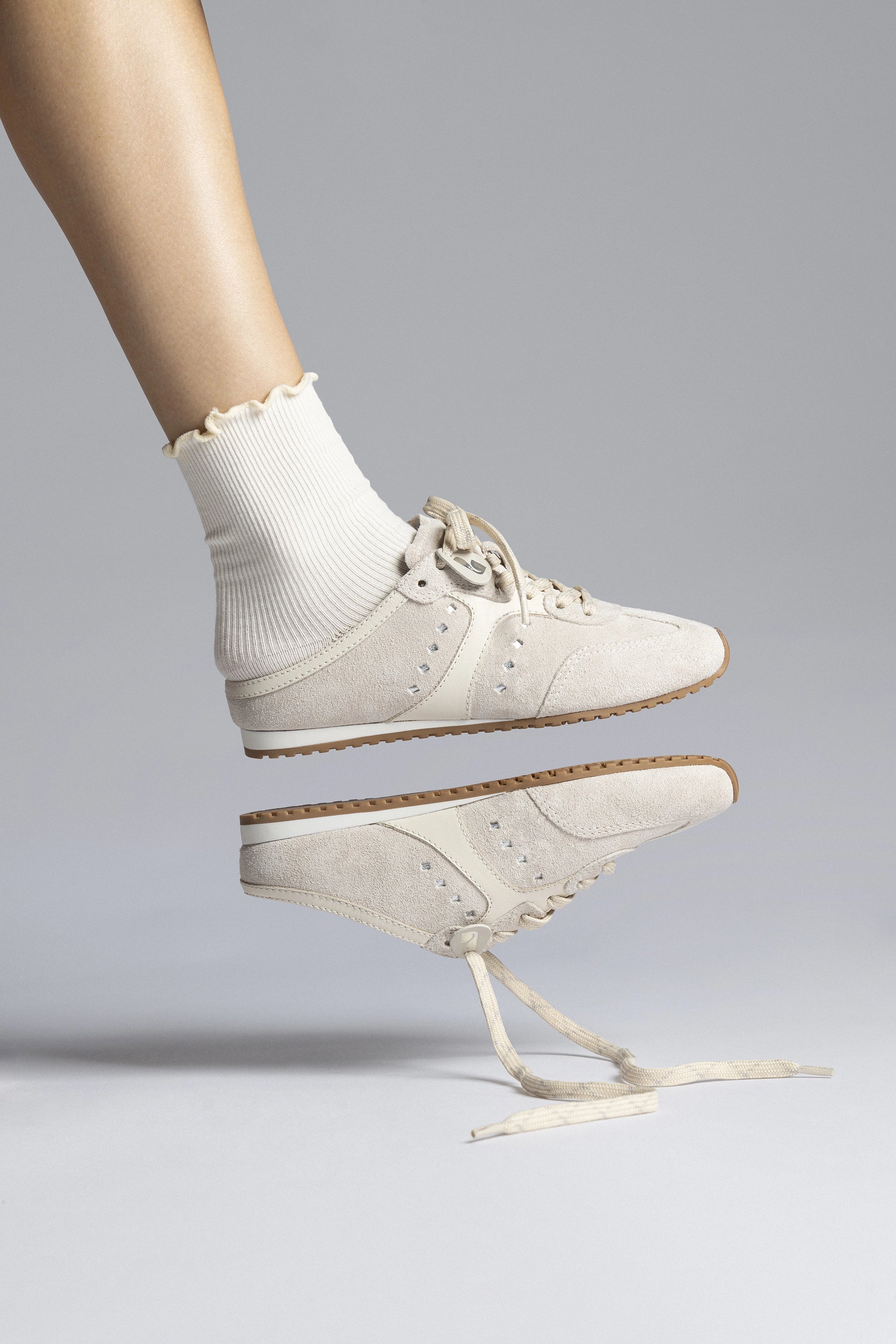 Larroude Stella Mule In Mushroom Grey Suede and Ivory Leather