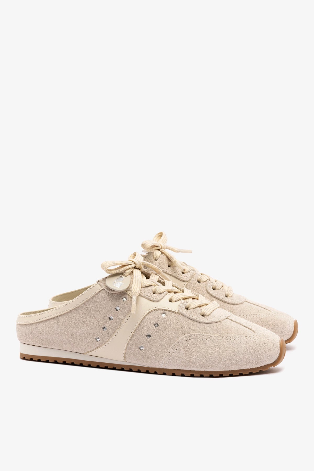 Larroude Stella Mule In Mushroom Grey Suede and Ivory Leather