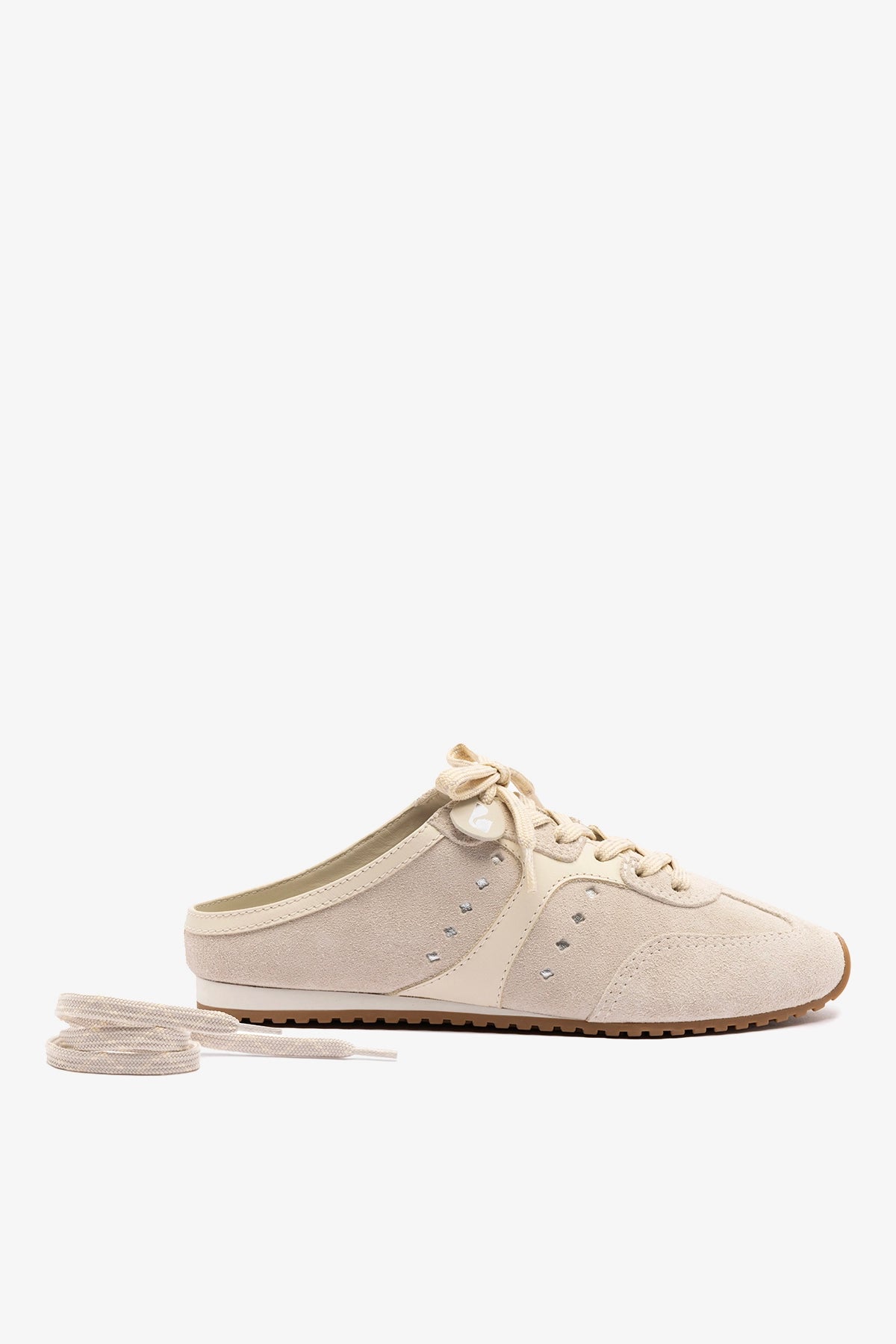 Larroude Stella Mule In Mushroom Grey Suede and Ivory Leather