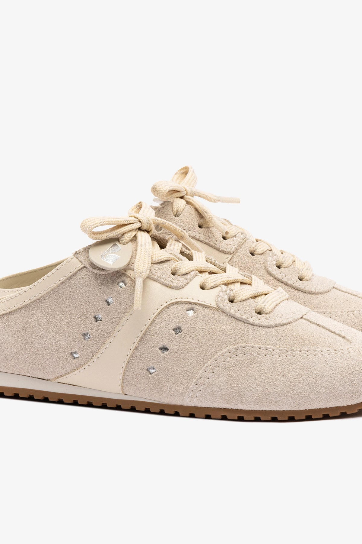 Larroude Stella Mule In Mushroom Grey Suede and Ivory Leather