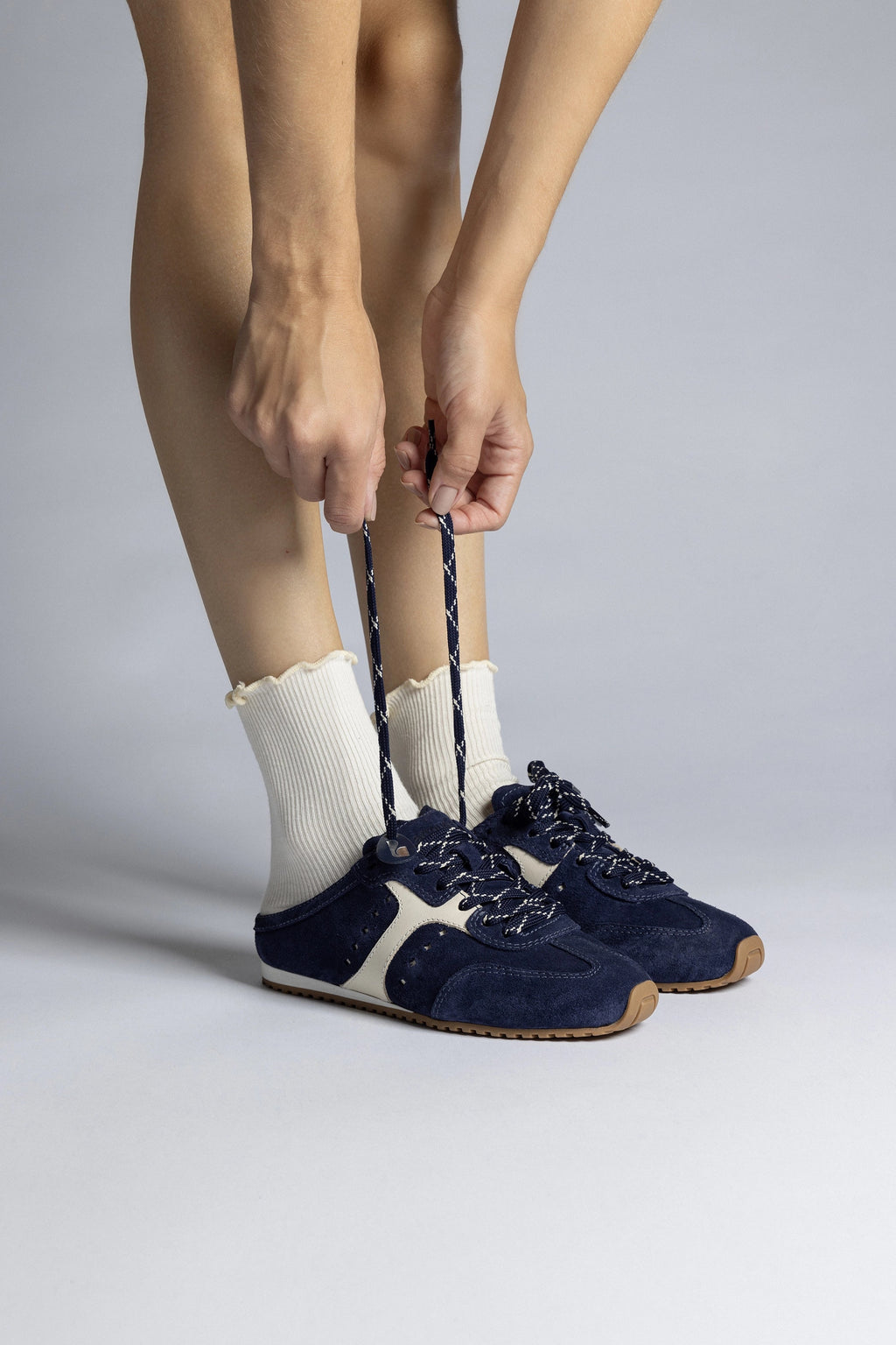 Larroude Stella Mule In Navy Suede and Ivory Leather