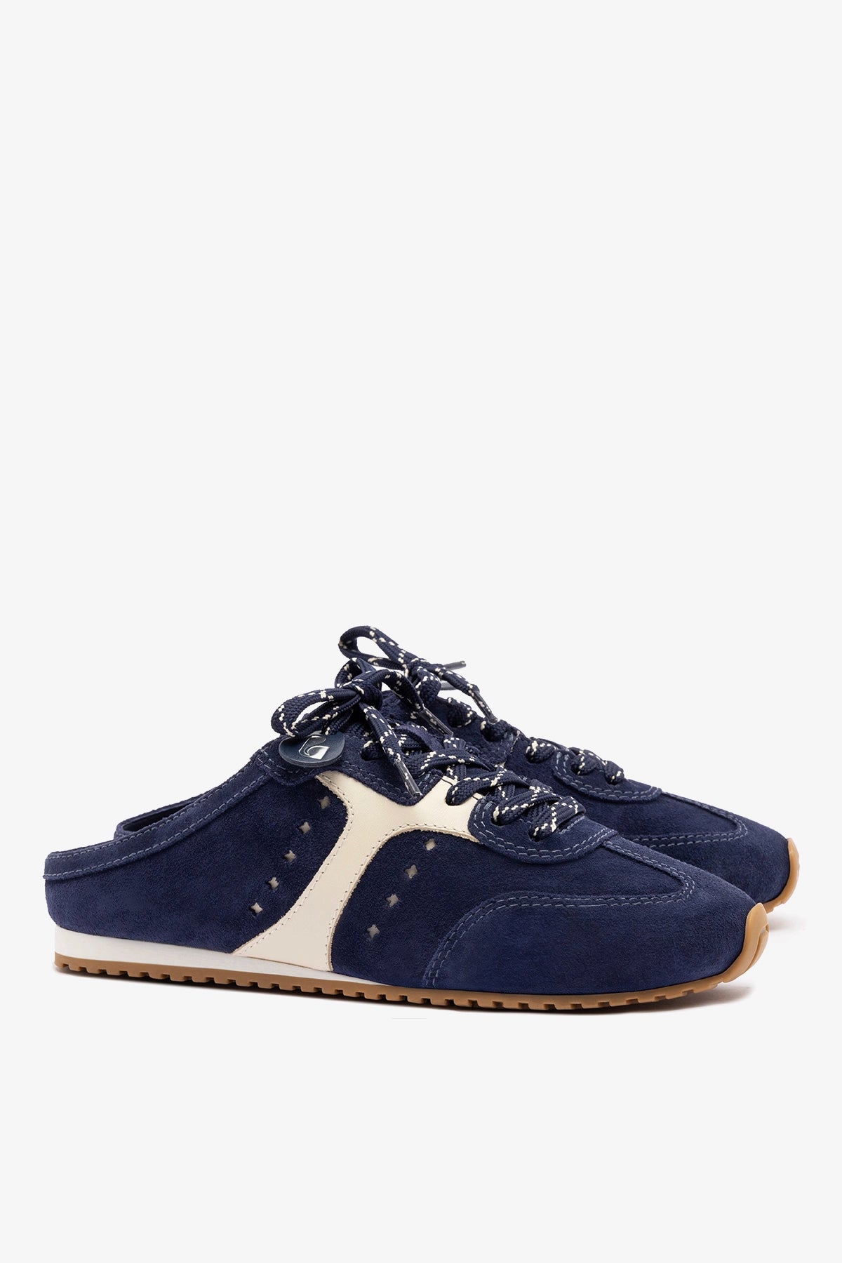 Larroude Stella Mule In Navy Suede and Ivory Leather