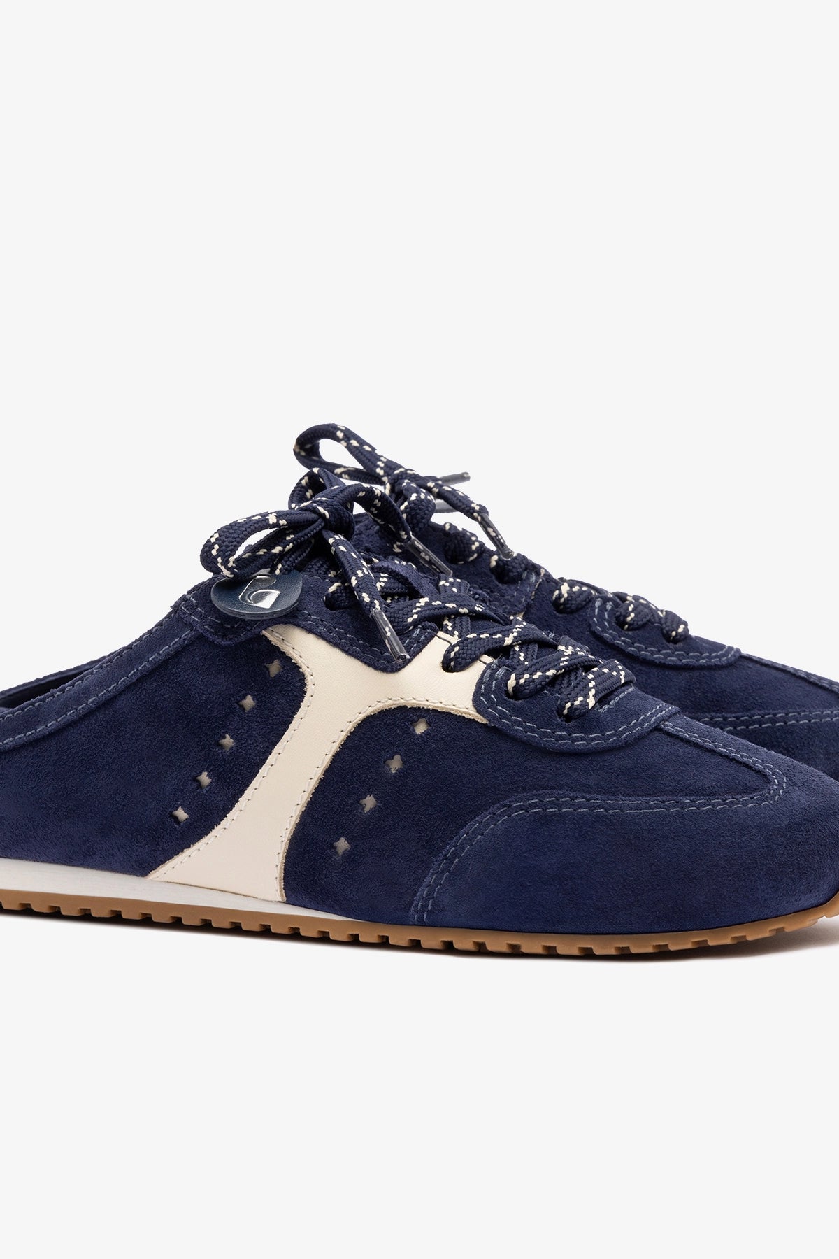 Larroude Stella Mule In Navy Suede and Ivory Leather