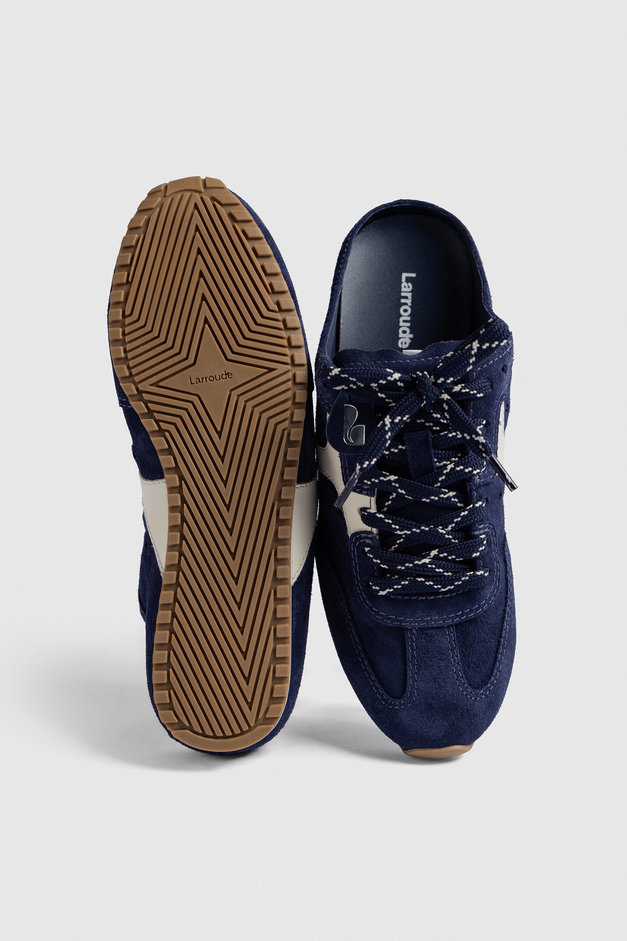 Larroude Stella Mule In Navy Suede and Ivory Leather