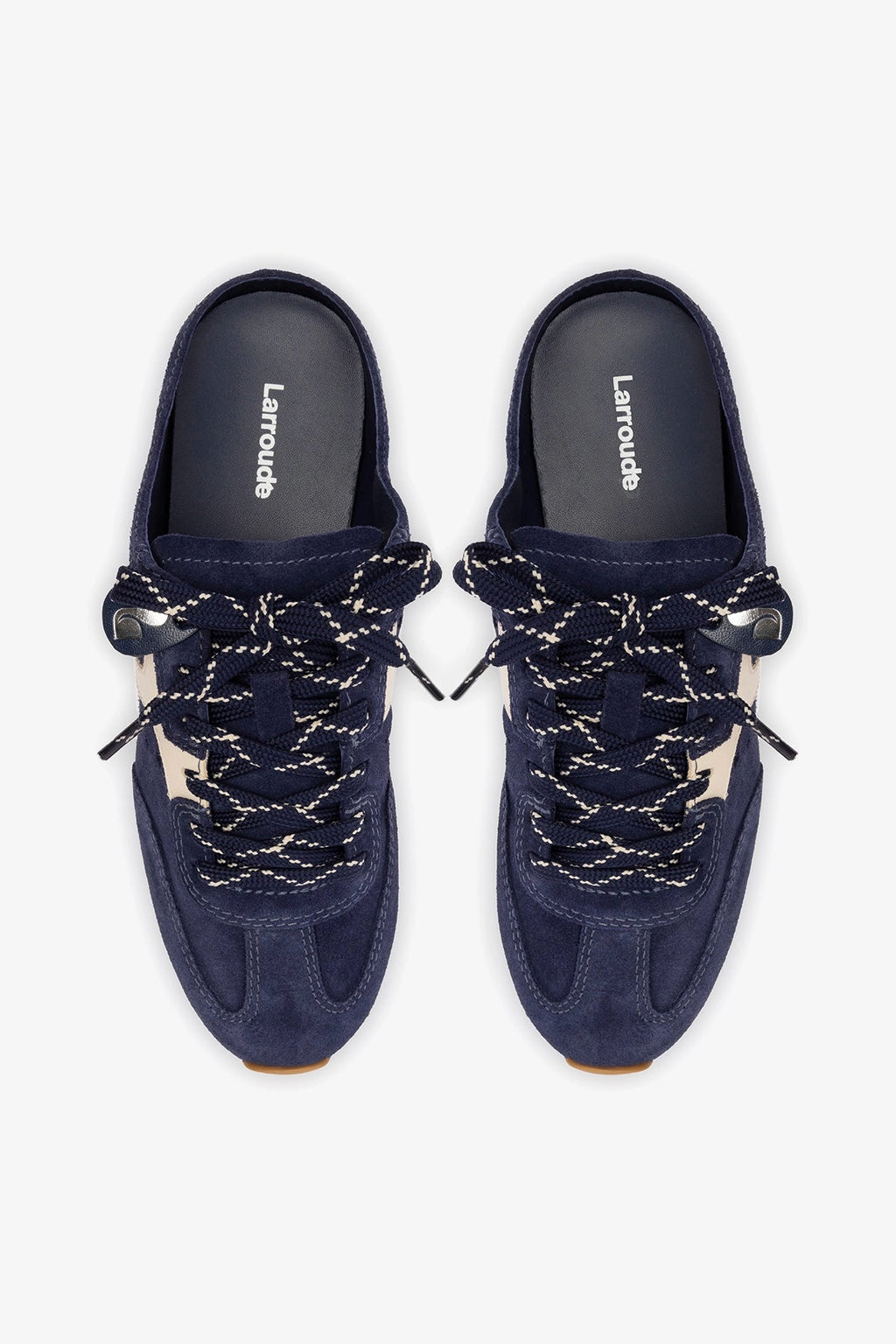 Larroude Stella Mule In Navy Suede and Ivory Leather