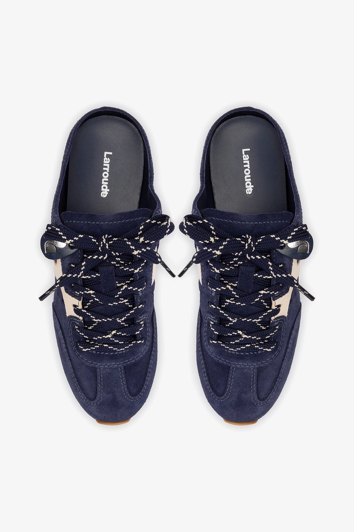 Larroude Stella Mule In Navy Suede and Ivory Leather