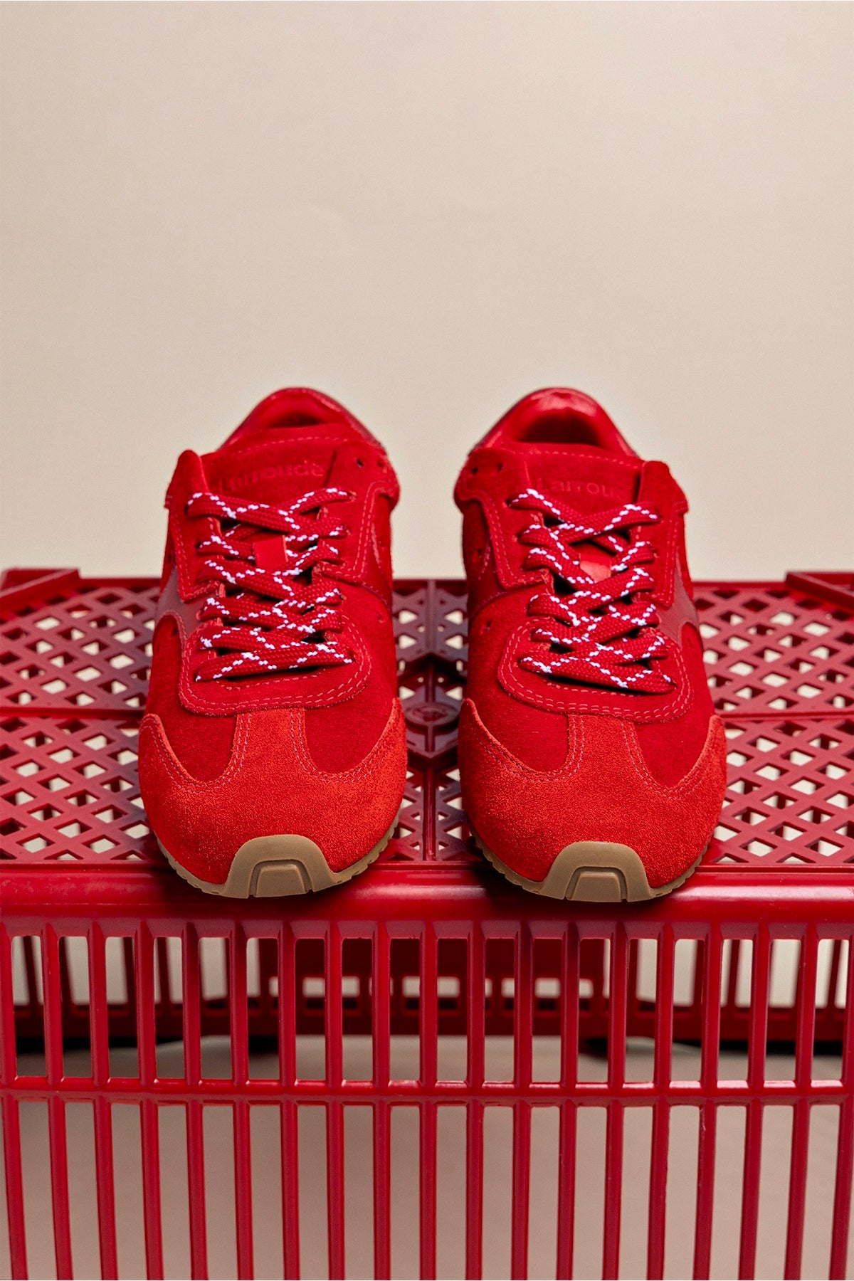Larroude Stella Sneaker In Scarlet Suede and Blood Red Leather