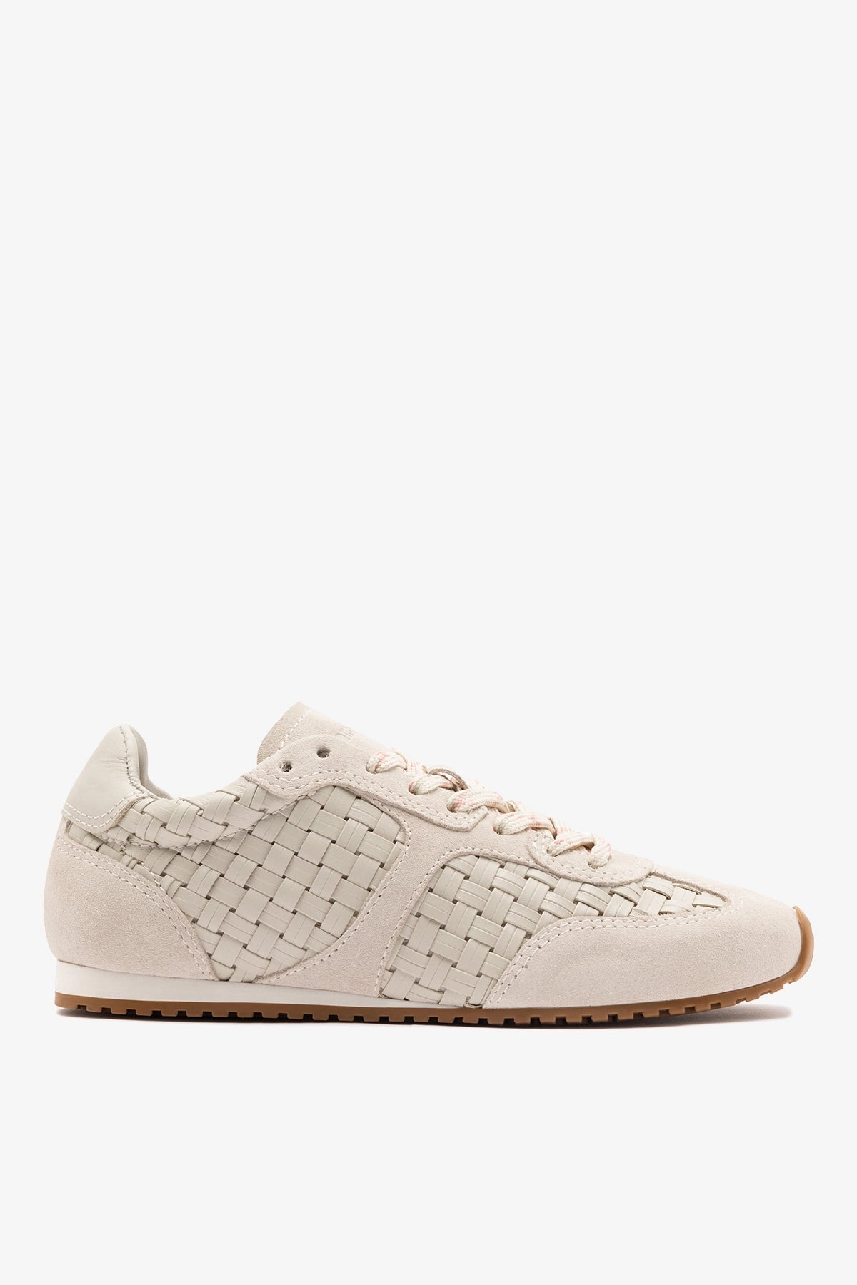 Larroude Stella Macrame Sneaker In Mushroom Grey Leather and Suede
