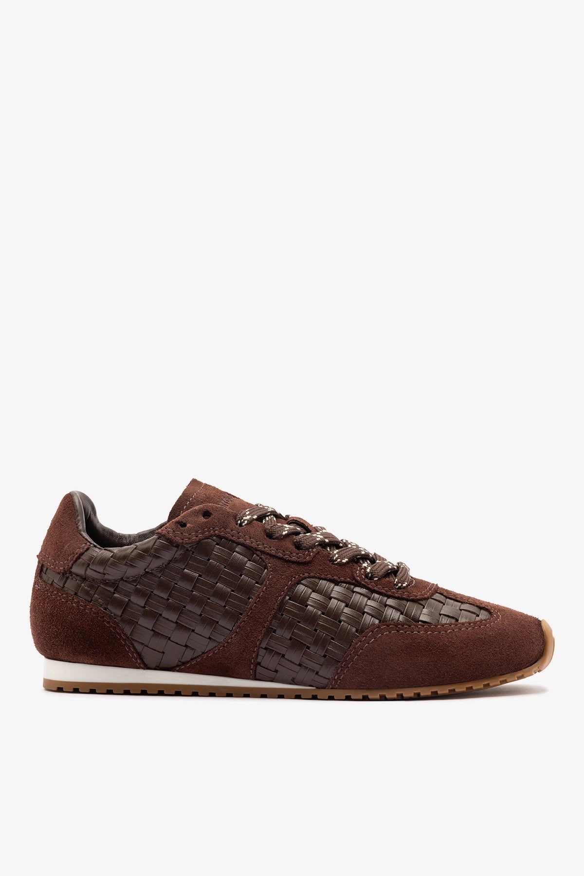 Larroude Stella Macrame Sneaker In Brown Leather and Suede