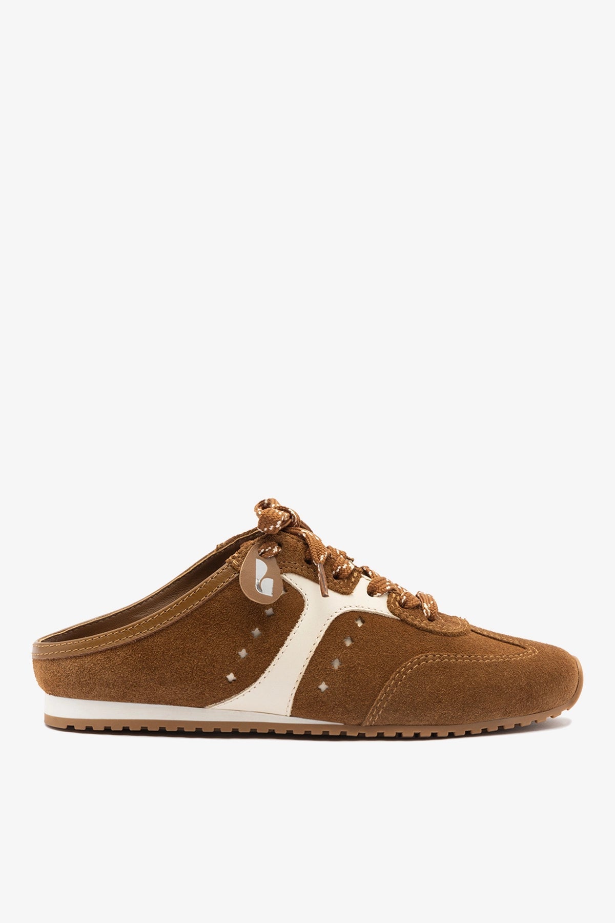 Larroude Stella Mule In Russet Suede and Ivory Leather