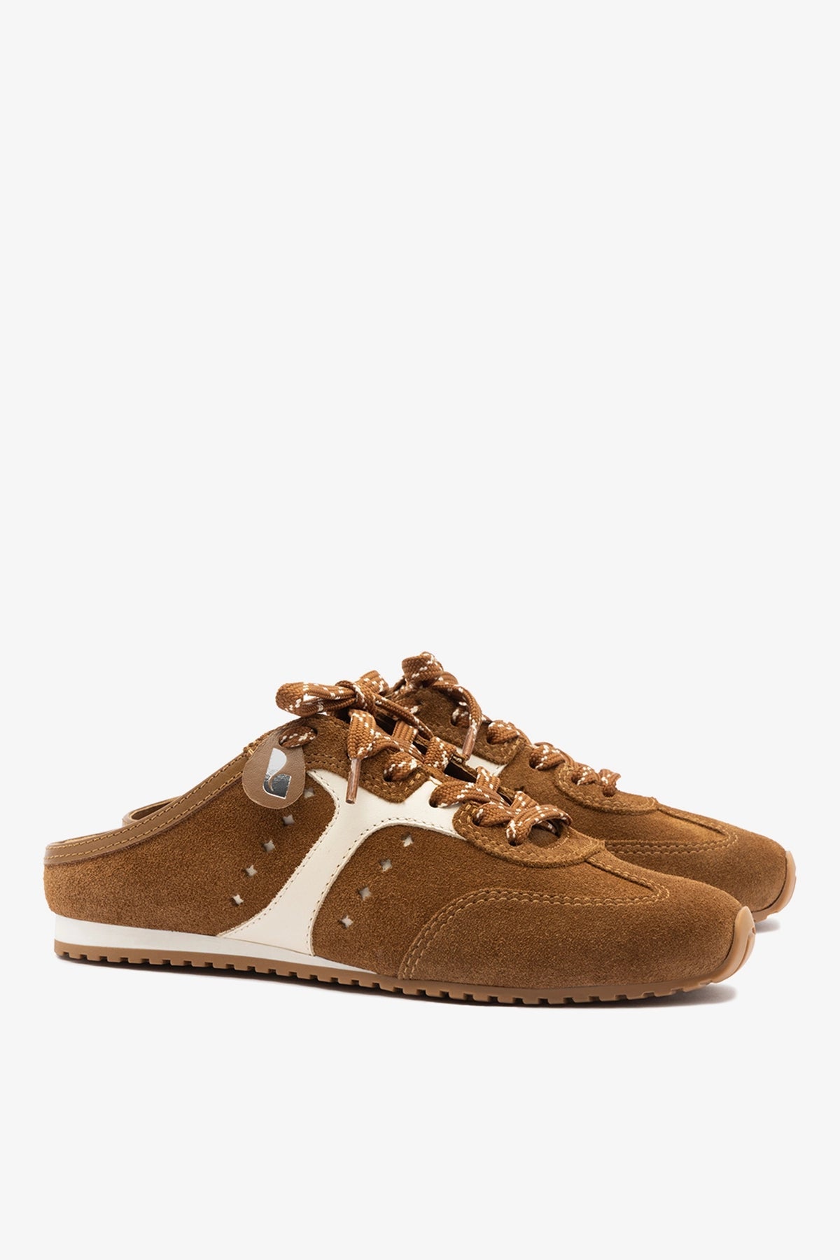 Larroude Stella Mule In Russet Suede and Ivory Leather