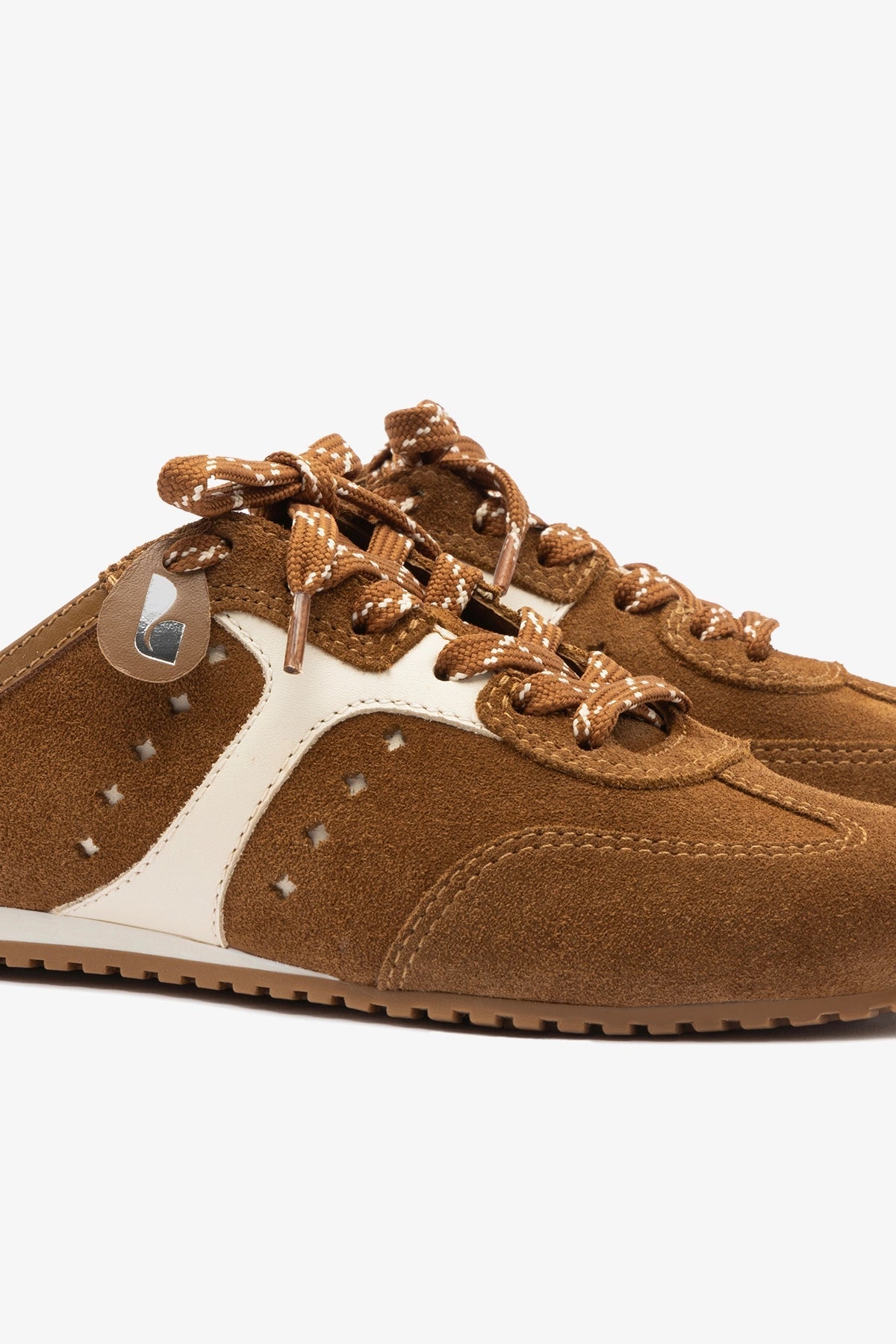 Larroude Stella Mule In Russet Suede and Ivory Leather