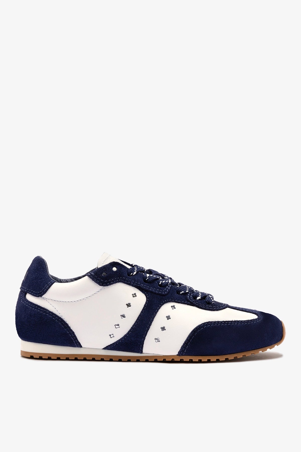 Larroude Stella Sneaker In White Leather and Indigo Suede