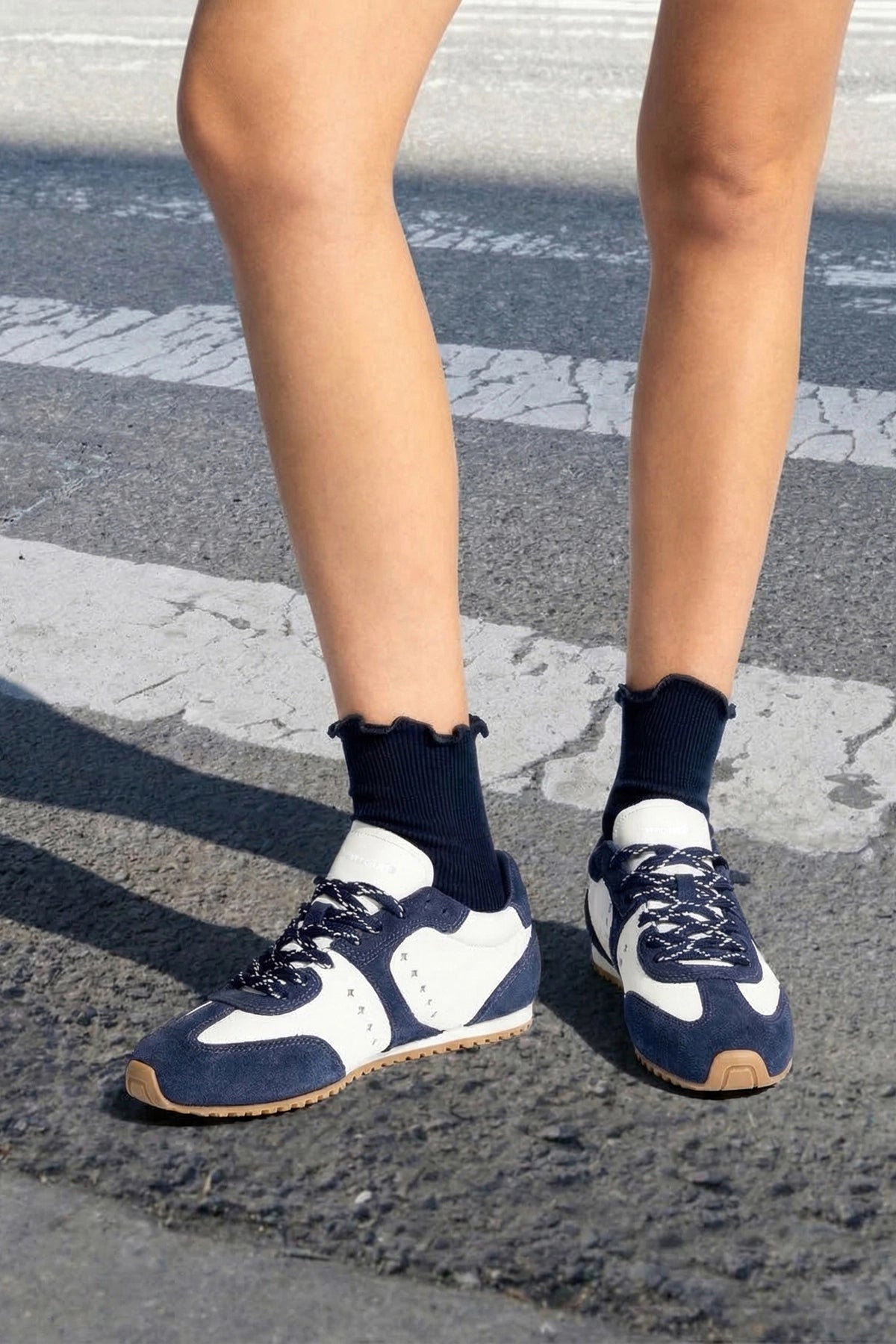 Larroude Stella Sneaker In White Leather and Indigo Suede
