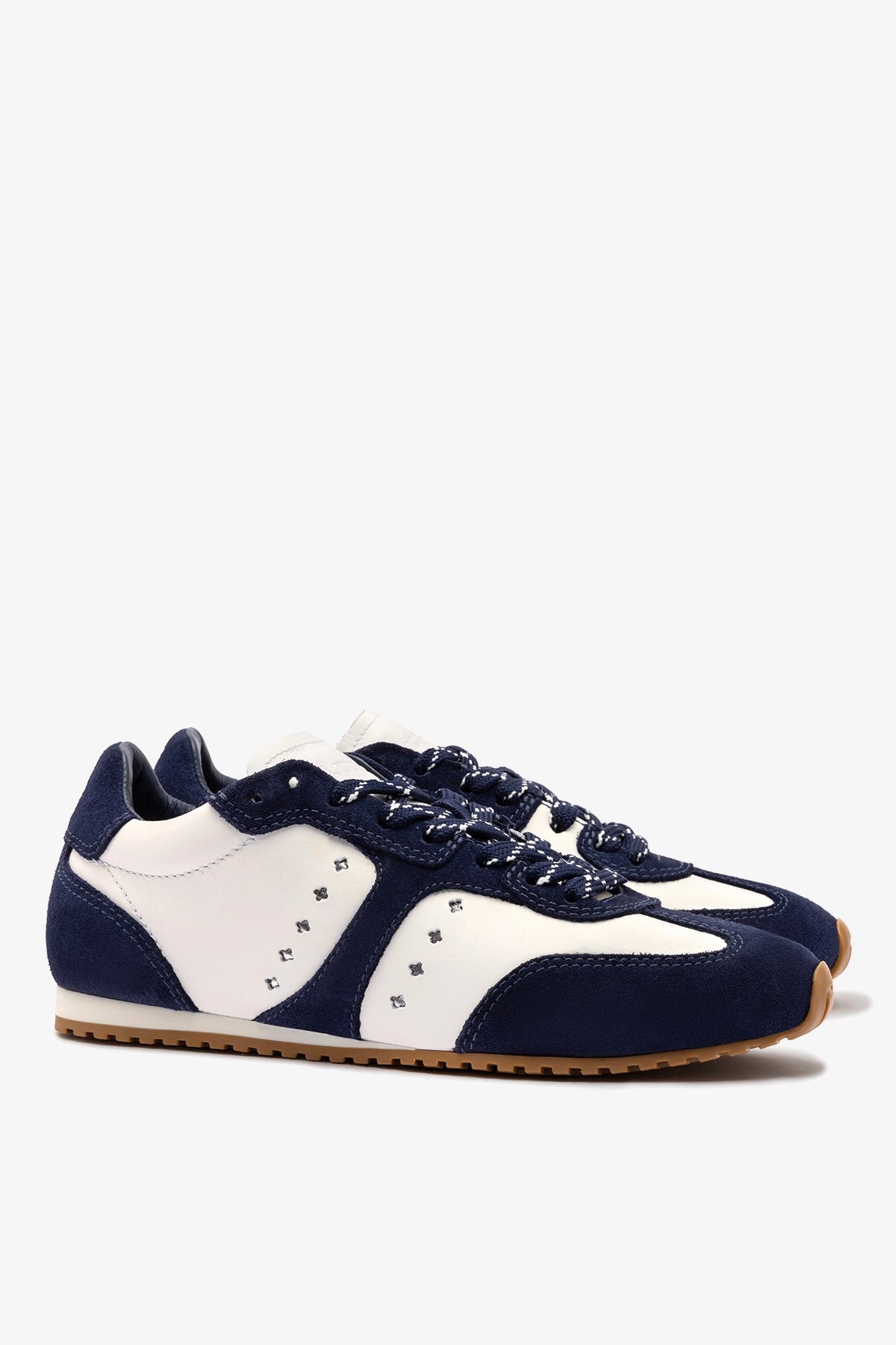 Larroude Stella Sneaker In White Leather and Indigo Suede