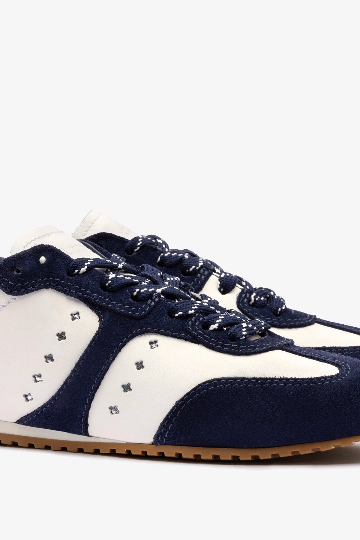 Larroude Stella Sneaker In White Leather and Indigo Suede