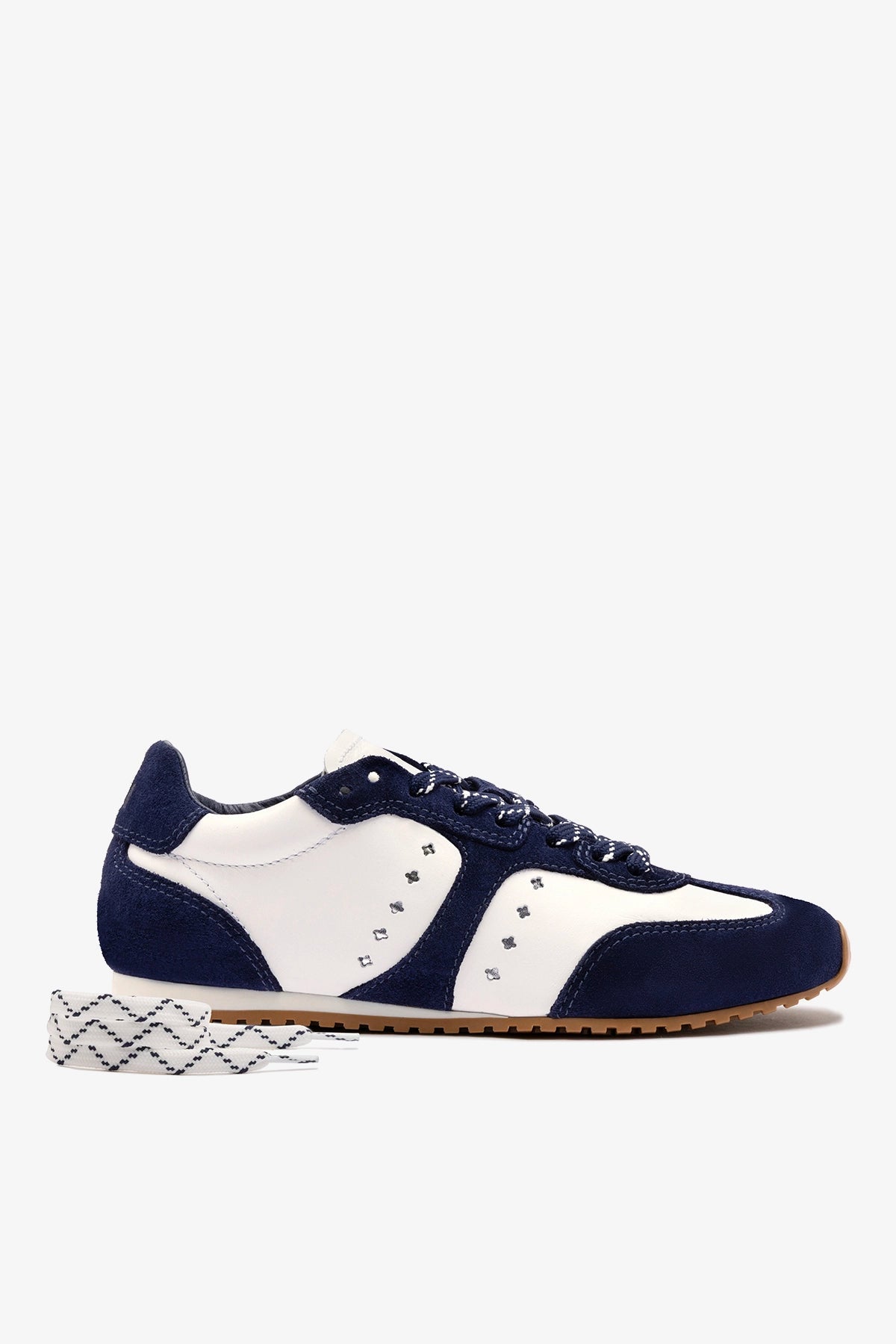 Larroude Stella Sneaker In White Leather and Indigo Suede