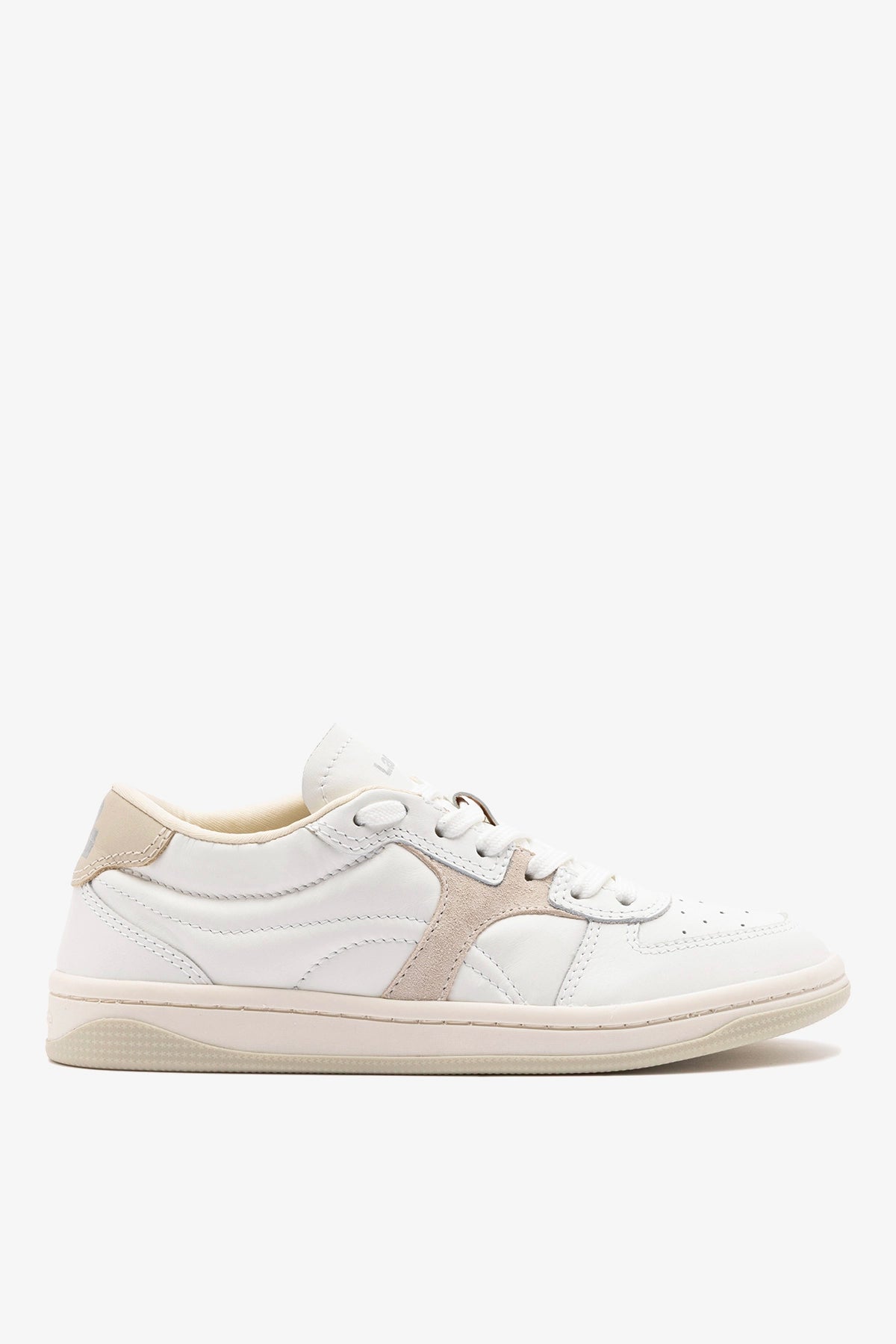 Larroude George Sneaker In White Leather and Mushroom Grey Suede