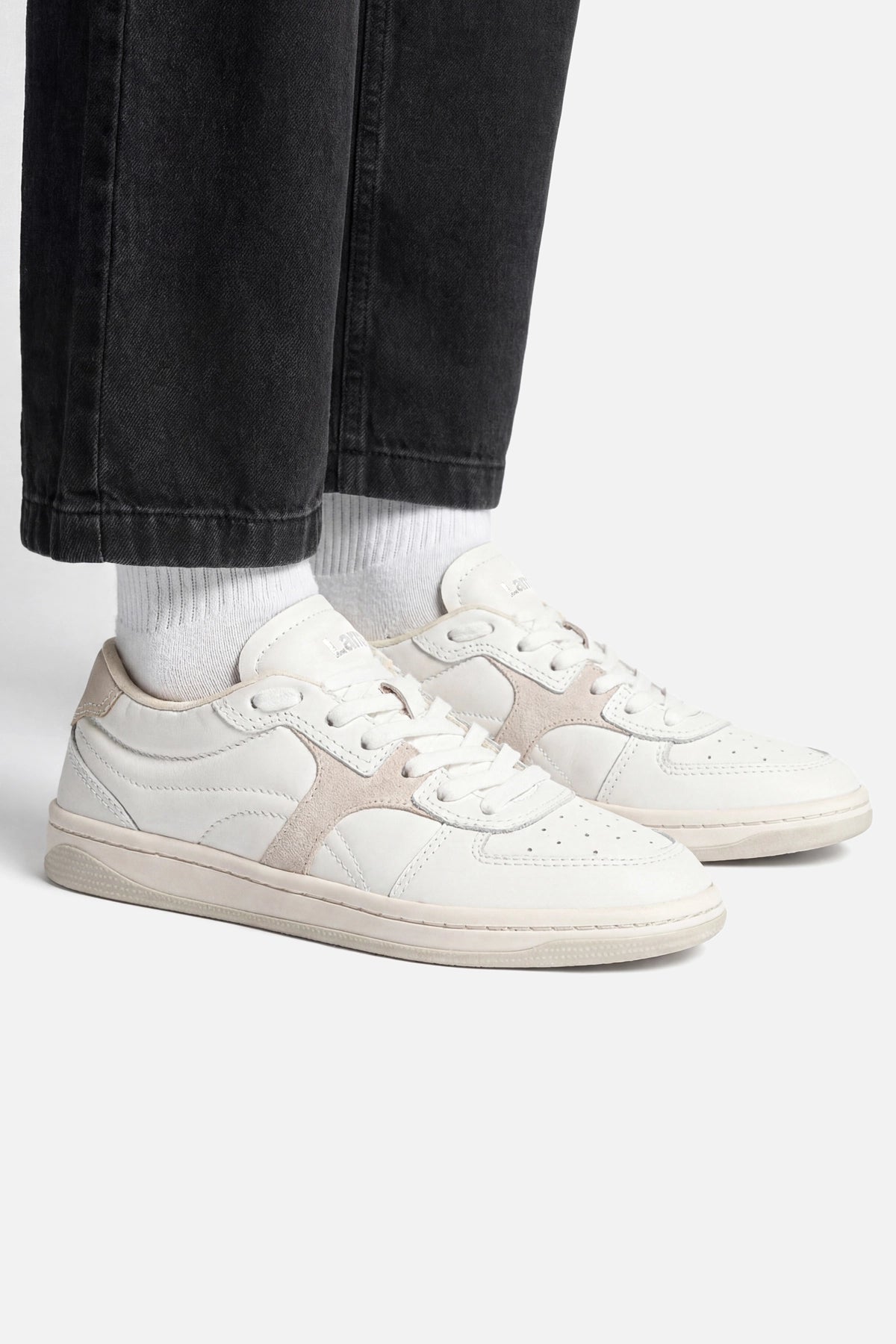 Larroude George Sneaker In White Leather and Mushroom Grey Suede