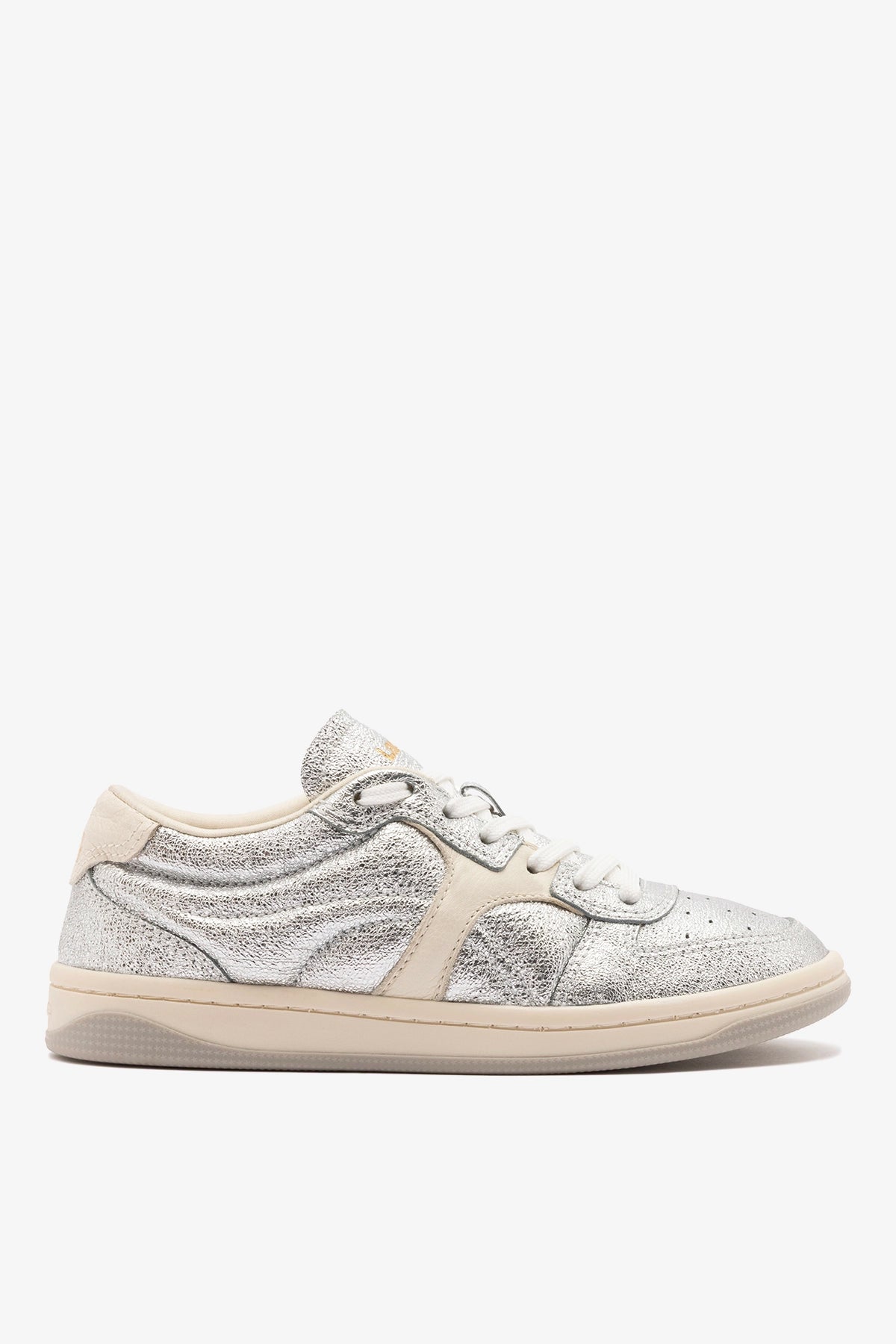 Larroude George Sneaker In Silver Sparkle Leather and Ivory Leather