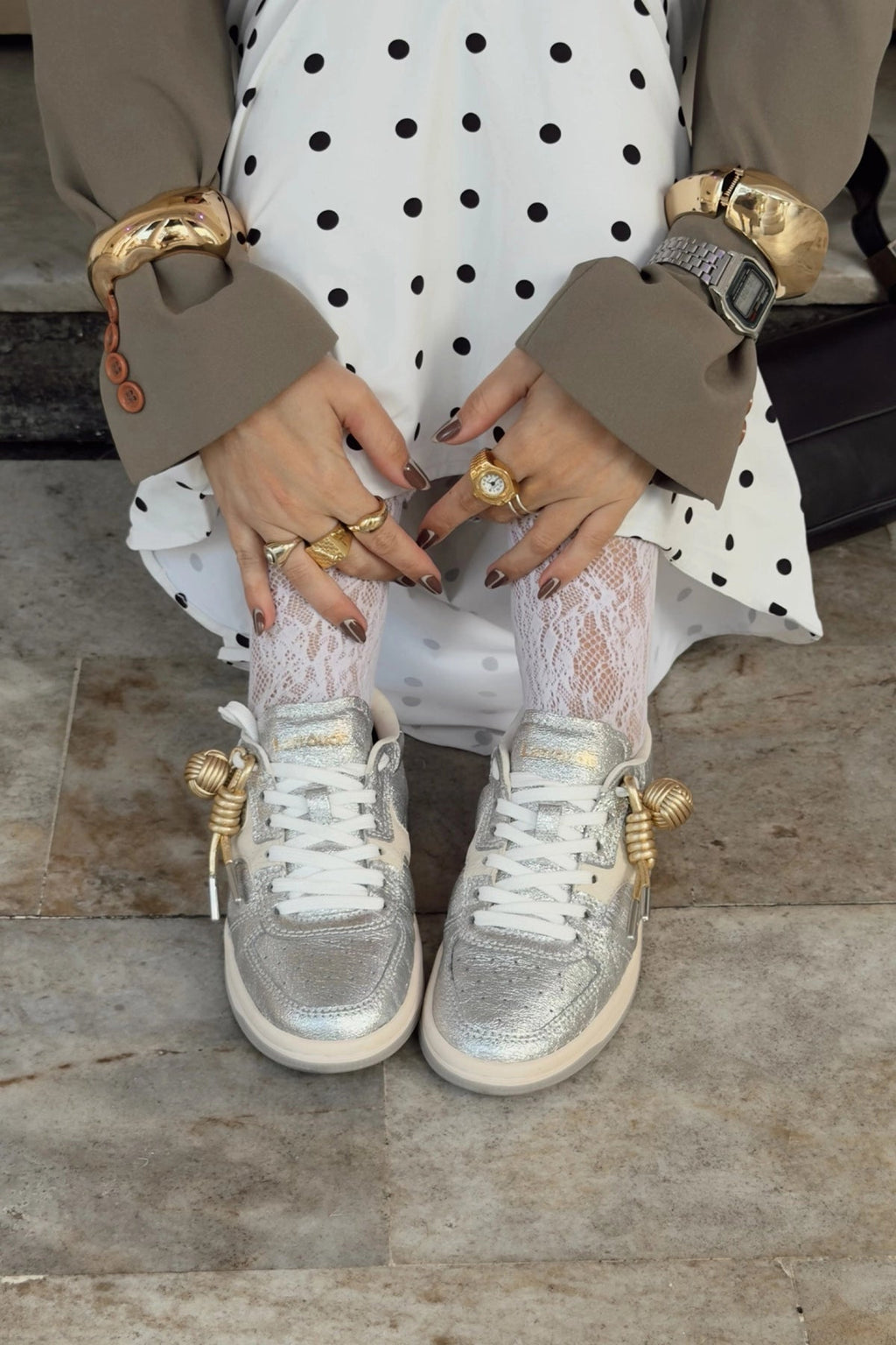 Larroude George Sneaker In Silver Sparkle Leather and Ivory Leather