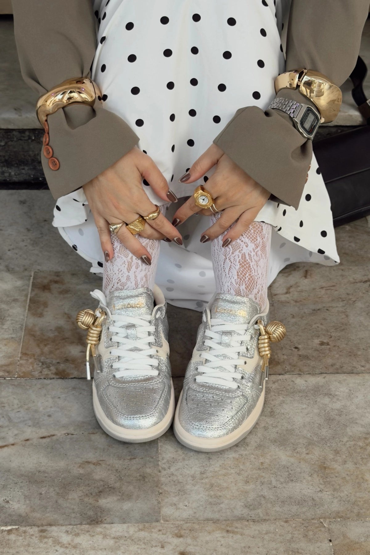 Larroude George Sneaker In Silver Sparkle Leather and Ivory Leather