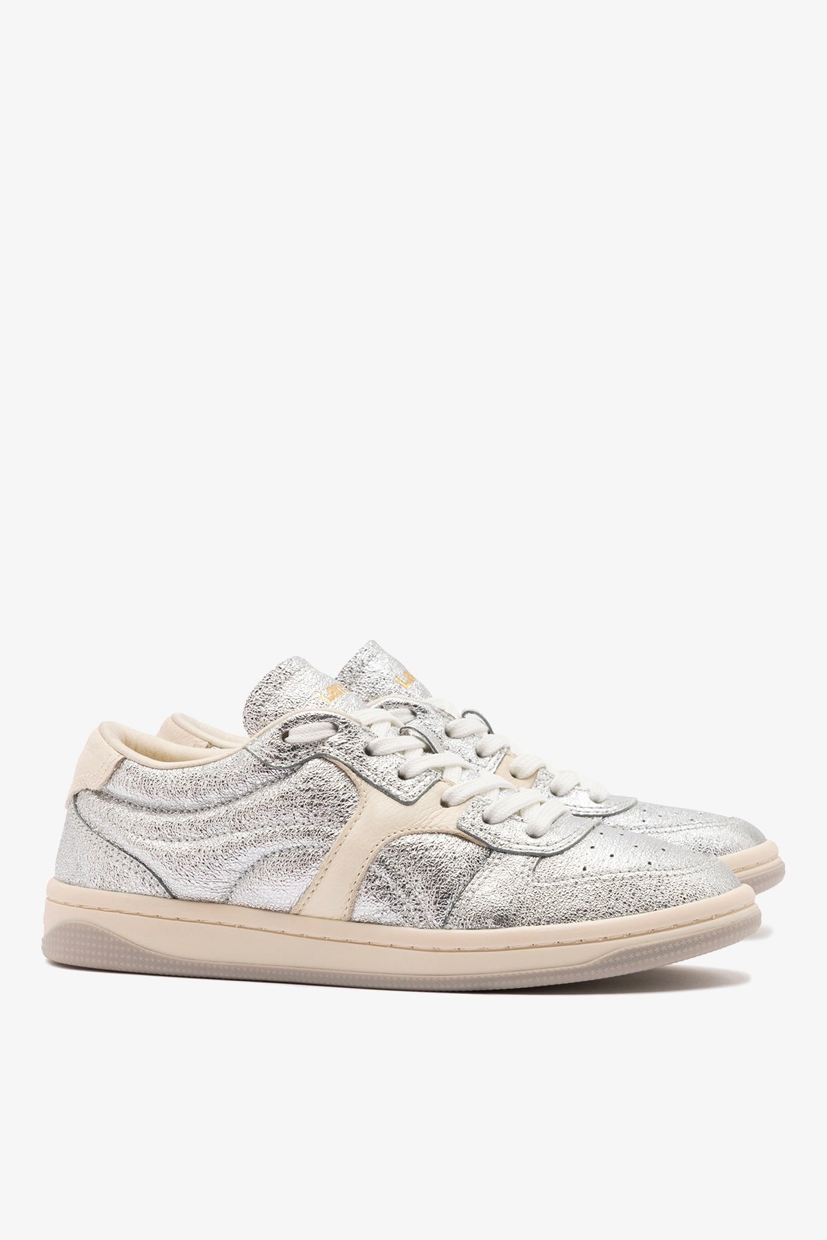 Larroude George Sneaker In Silver Sparkle Leather and Ivory Leather