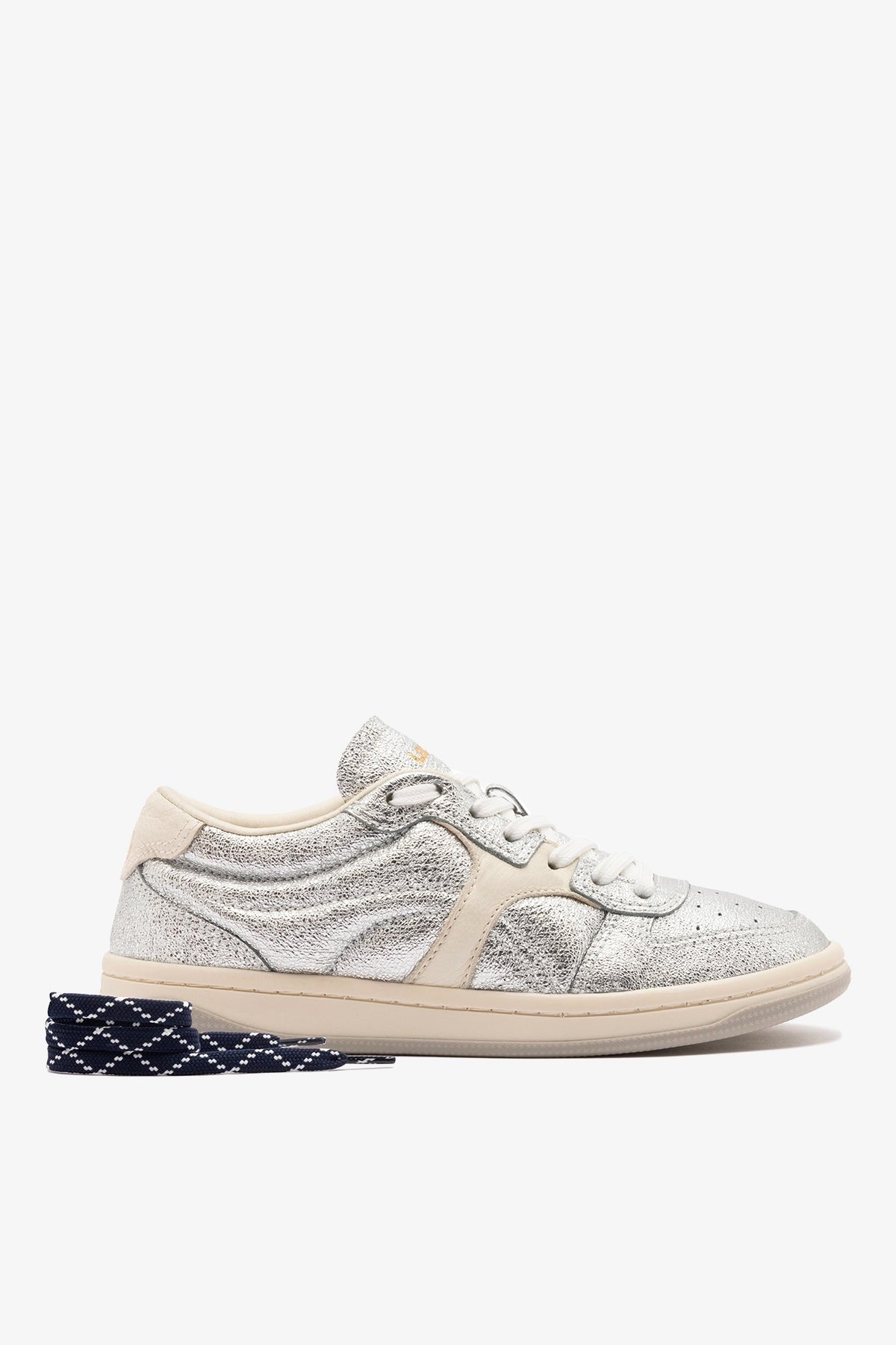 Larroude George Sneaker In Silver Sparkle Leather and Ivory Leather