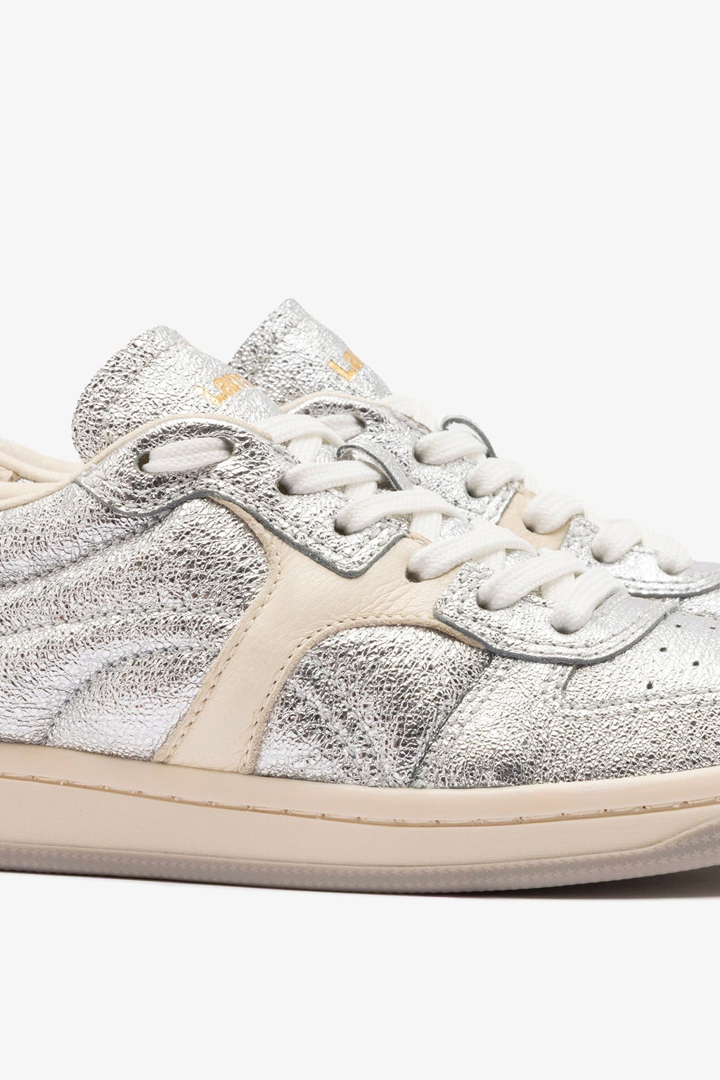 Larroude George Sneaker In Silver Sparkle Leather and Ivory Leather