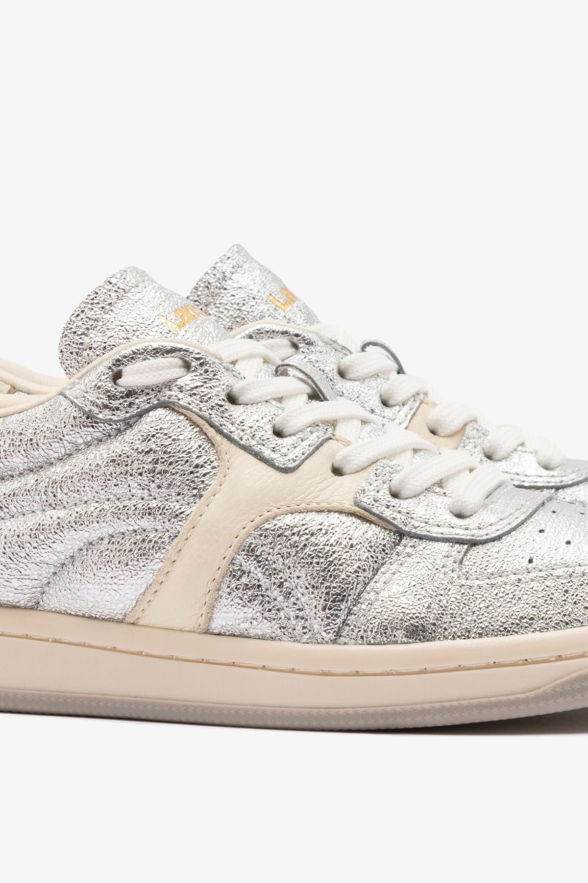 Larroude George Sneaker In Silver Sparkle Leather and Ivory Leather
