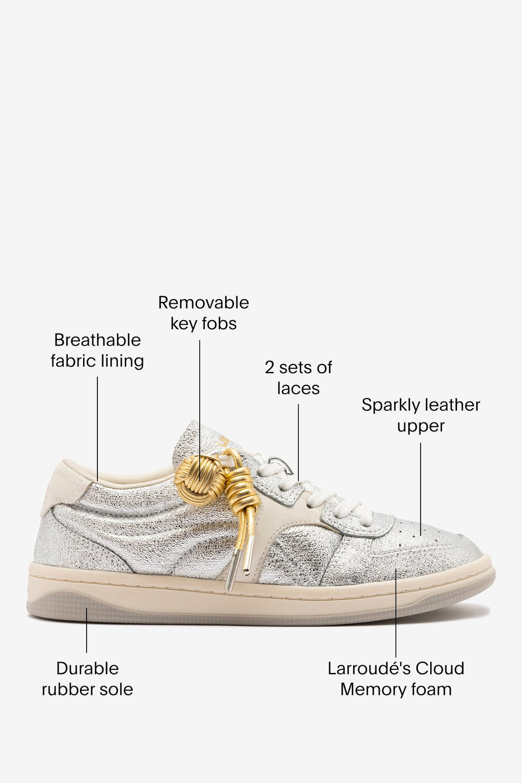 Larroude George Sneaker In Silver Sparkle Leather and Ivory Leather