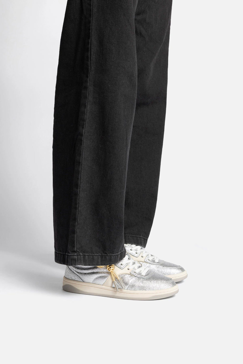 Larroude George Sneaker In Silver Sparkle Leather and Ivory Leather