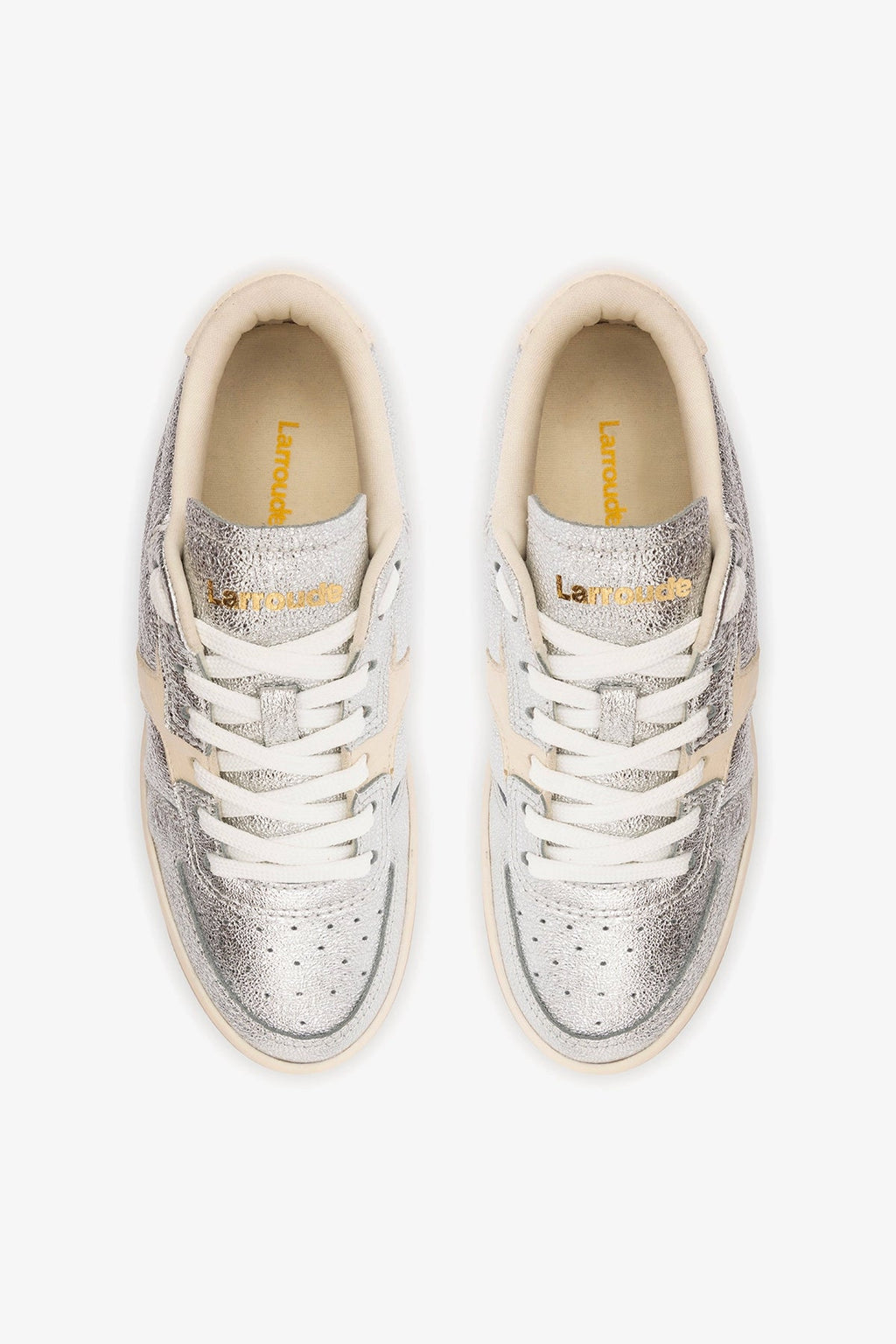 Larroude George Sneaker In Silver Sparkle Leather and Ivory Leather