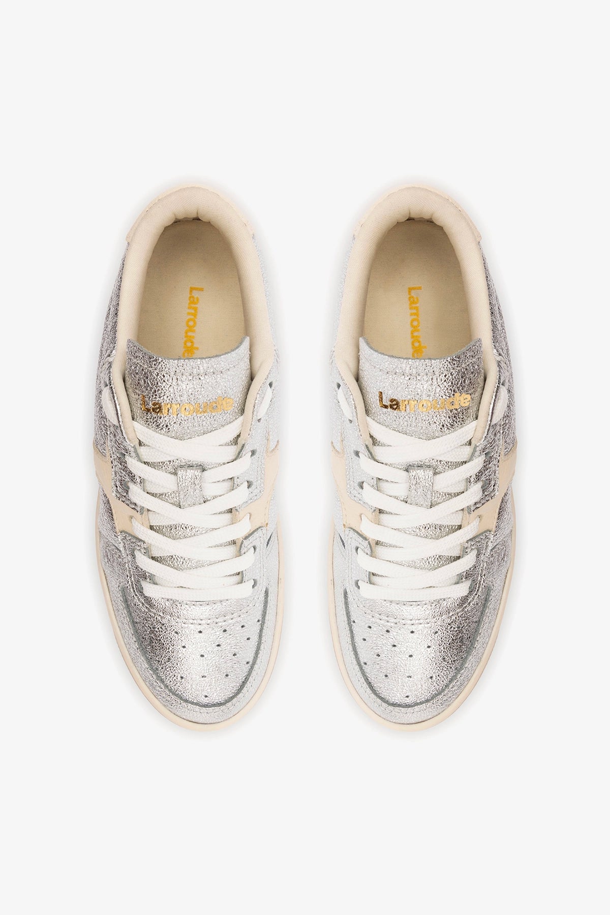 Larroude George Sneaker In Silver Sparkle Leather and Ivory Leather
