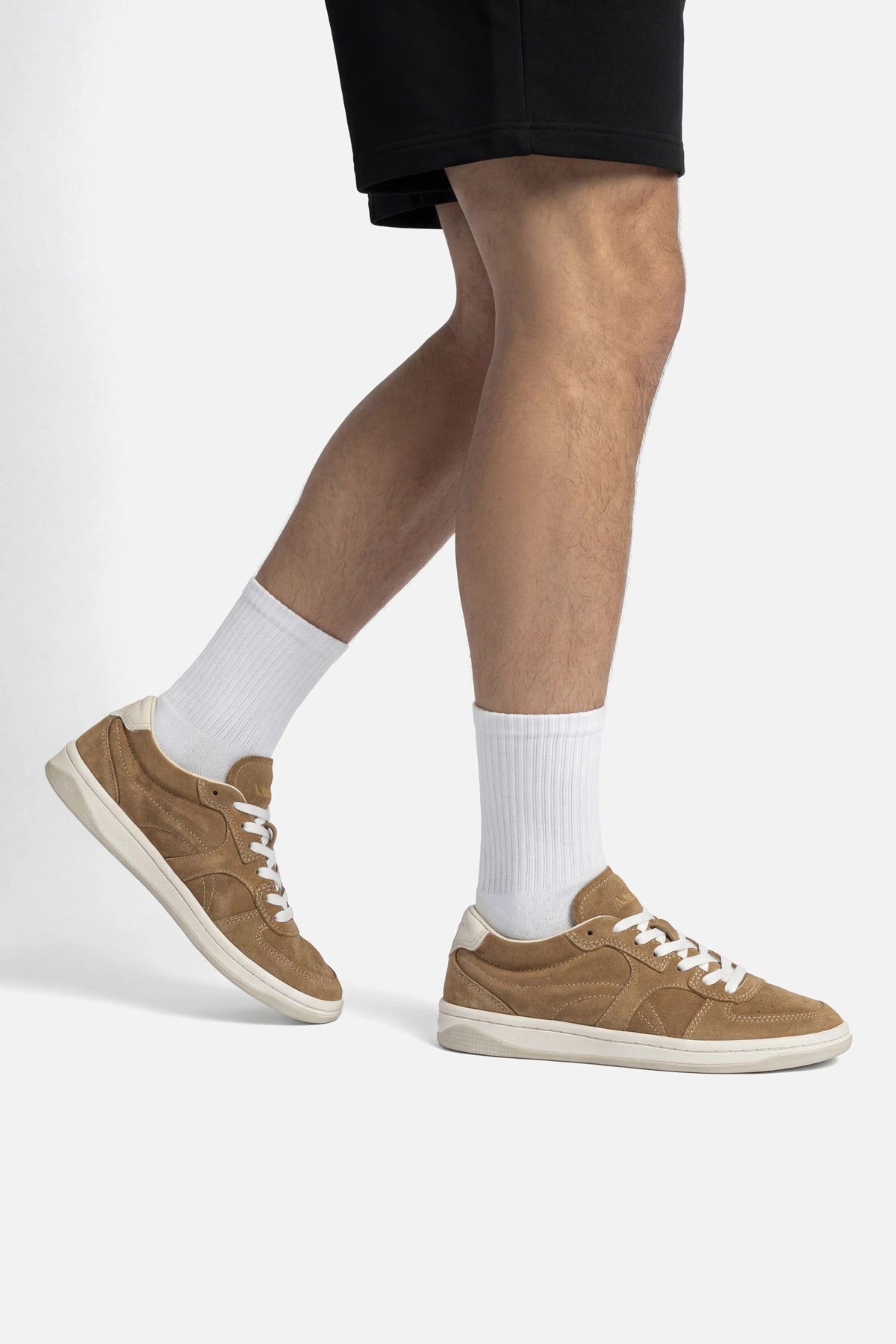 Larroude George Sneaker In Peanut Suede and Ivory Leather