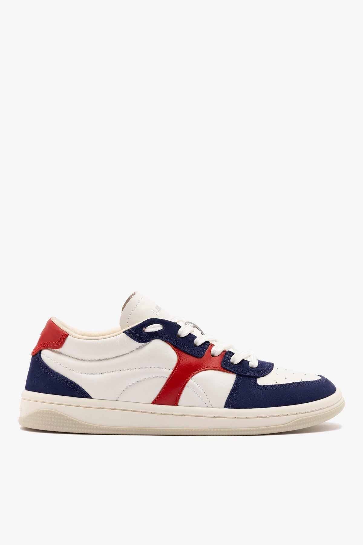 Larroude George Sneaker In White and Blood Red Leather and Navy Suede