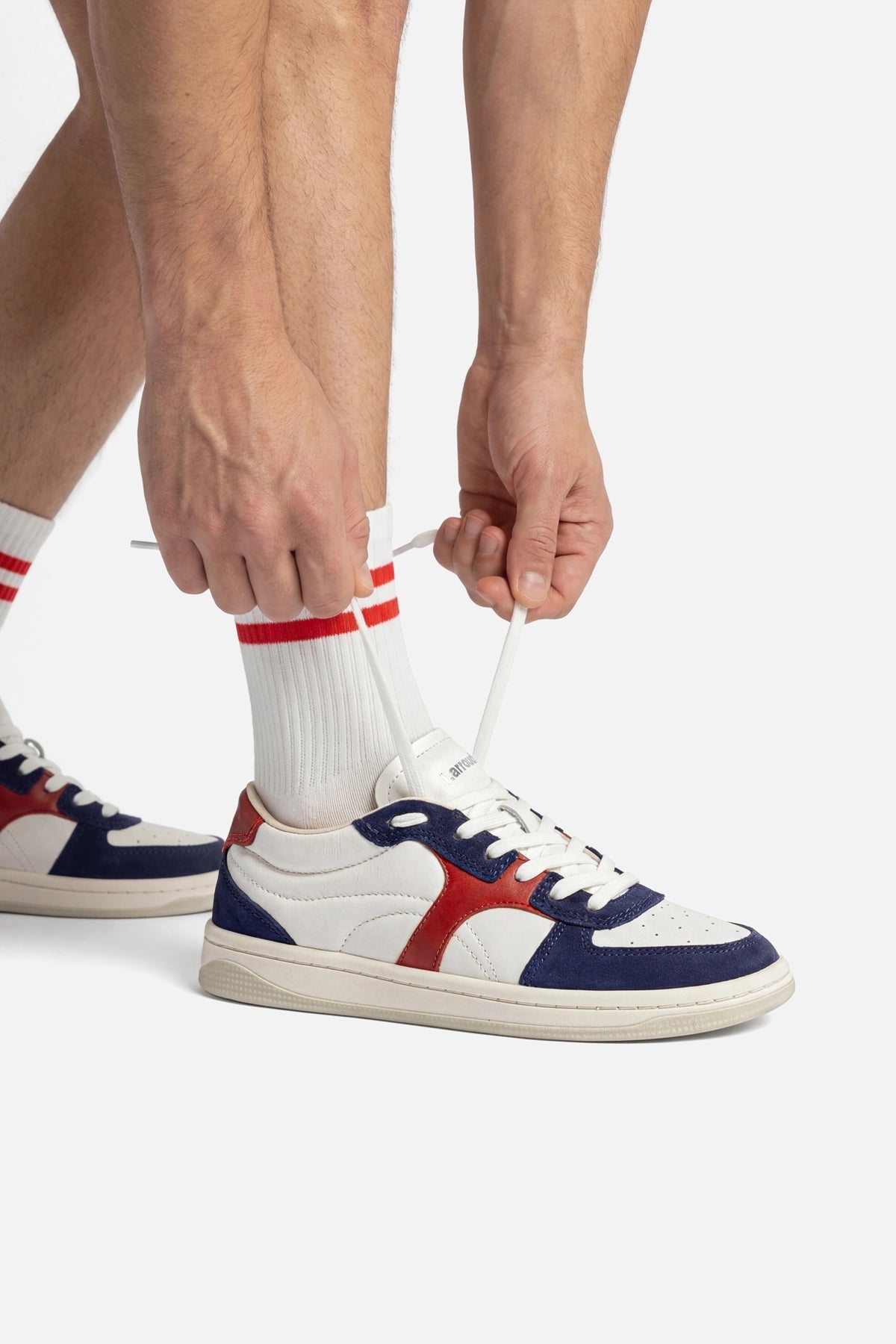 Larroude George Sneaker In White and Blood Red Leather and Navy Suede